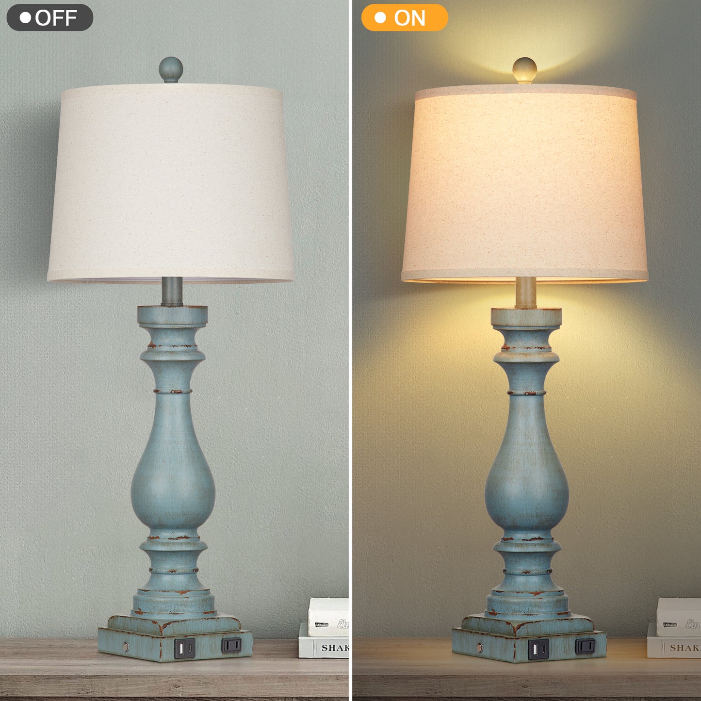 Blue Resin Drop Style Table Lamp with Tilted Shade, featuring 3-Way Dimming Touch Switch, USB Type C Charging Ports and AC Outlet, and No Strobe (Set of 2)