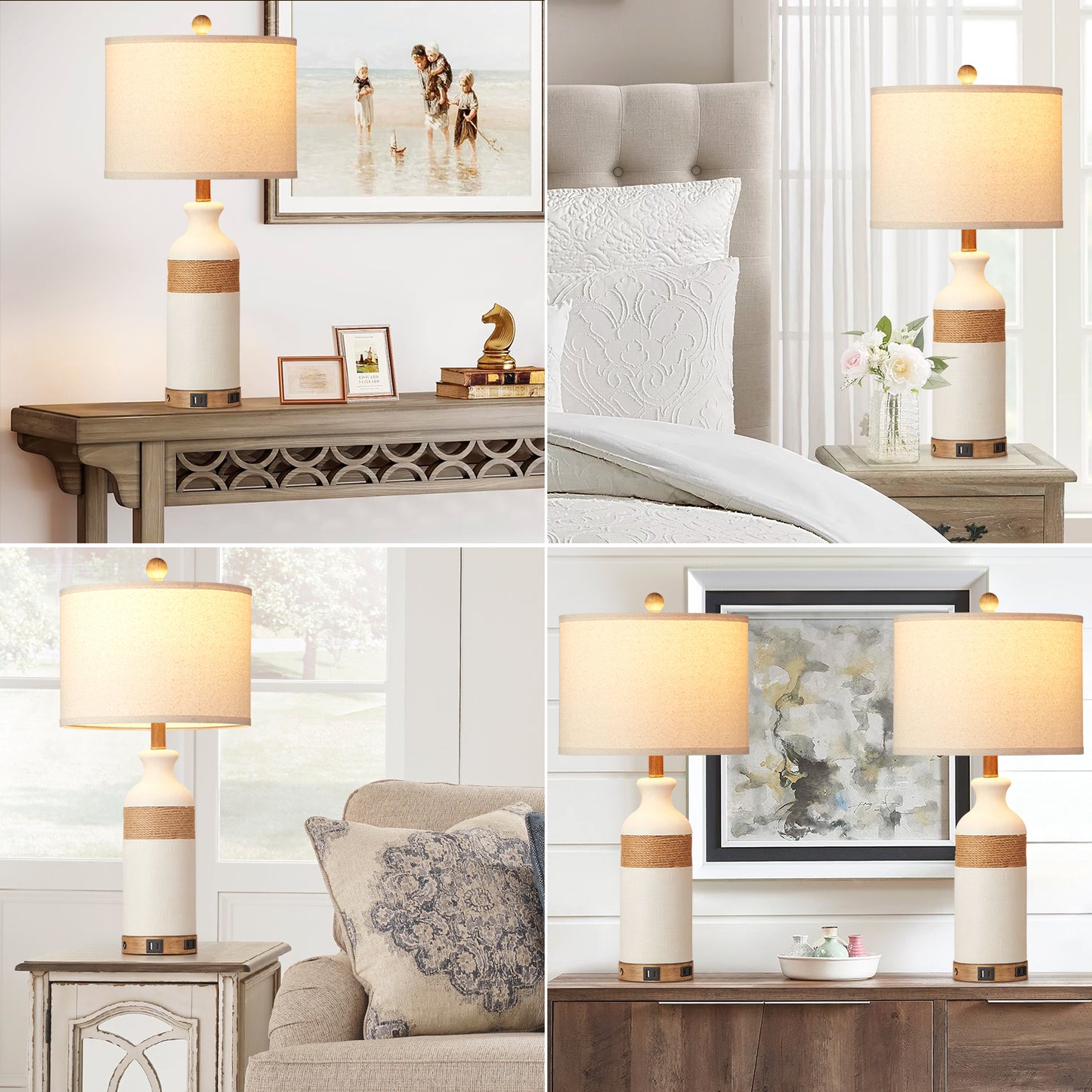 White resin table lamp Touch dimming switch USB & Type-C ports AC outlet No strobe (Set of 2)