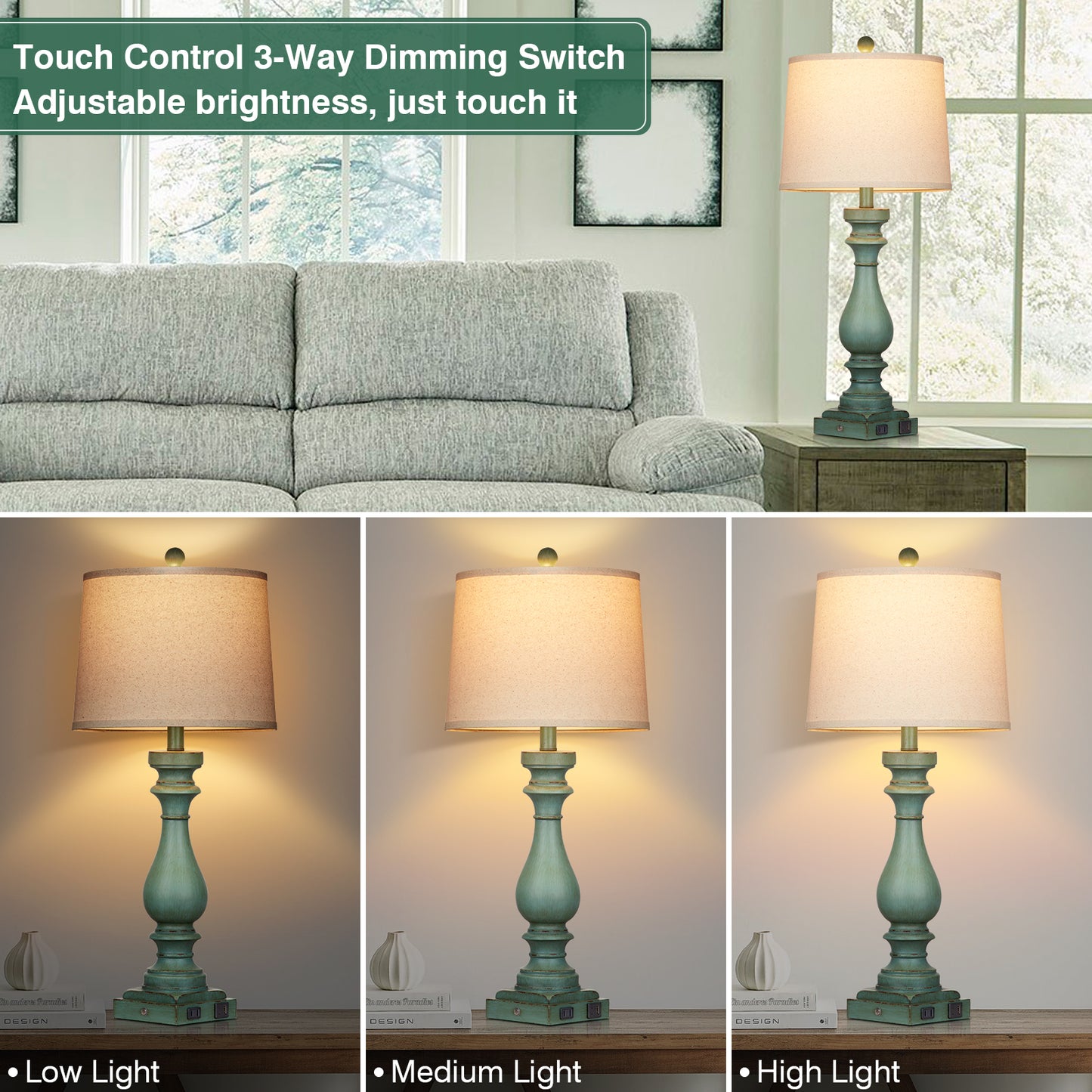 Table lamps with green resin, universal USB Type - C charging ports and AC outlet (Set of 2)