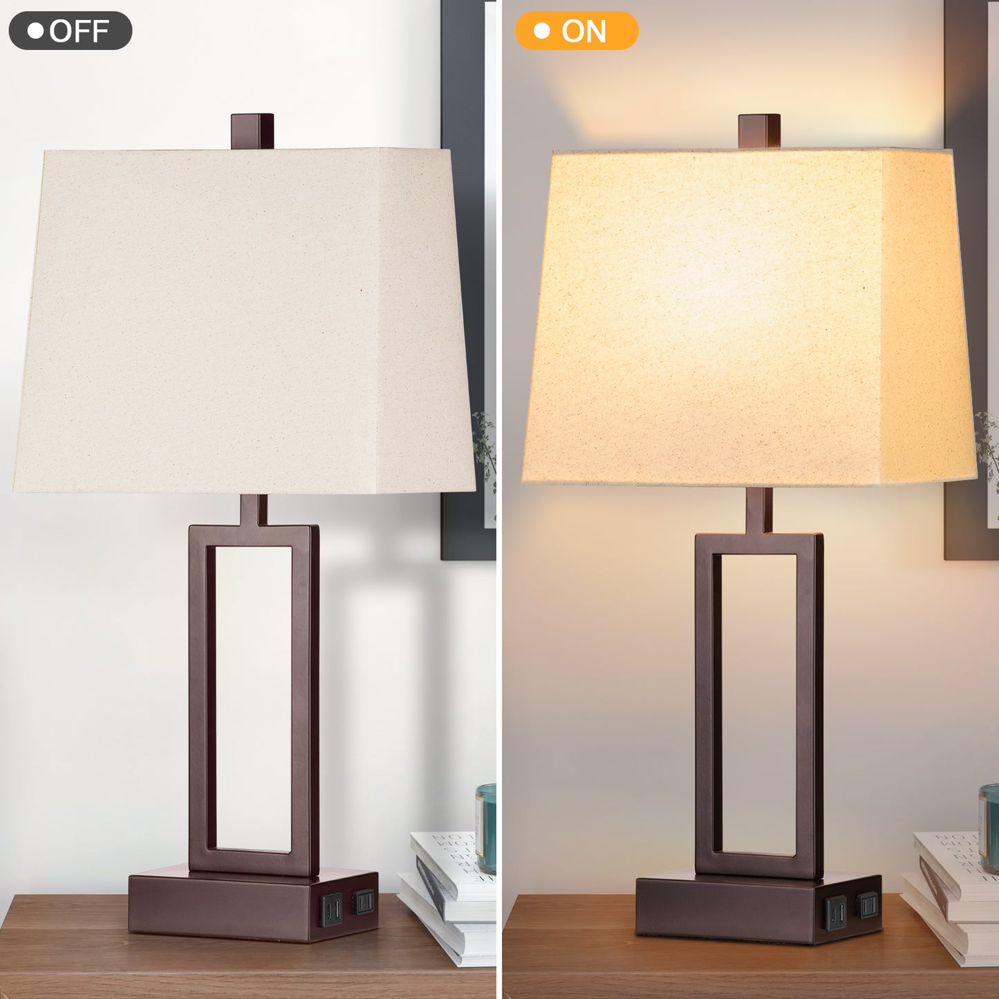 Black Matte Metal Table Lamp with Beige Shade, Equipped with USB Type-C Charging Ports and AC Outlet (Set of 2)