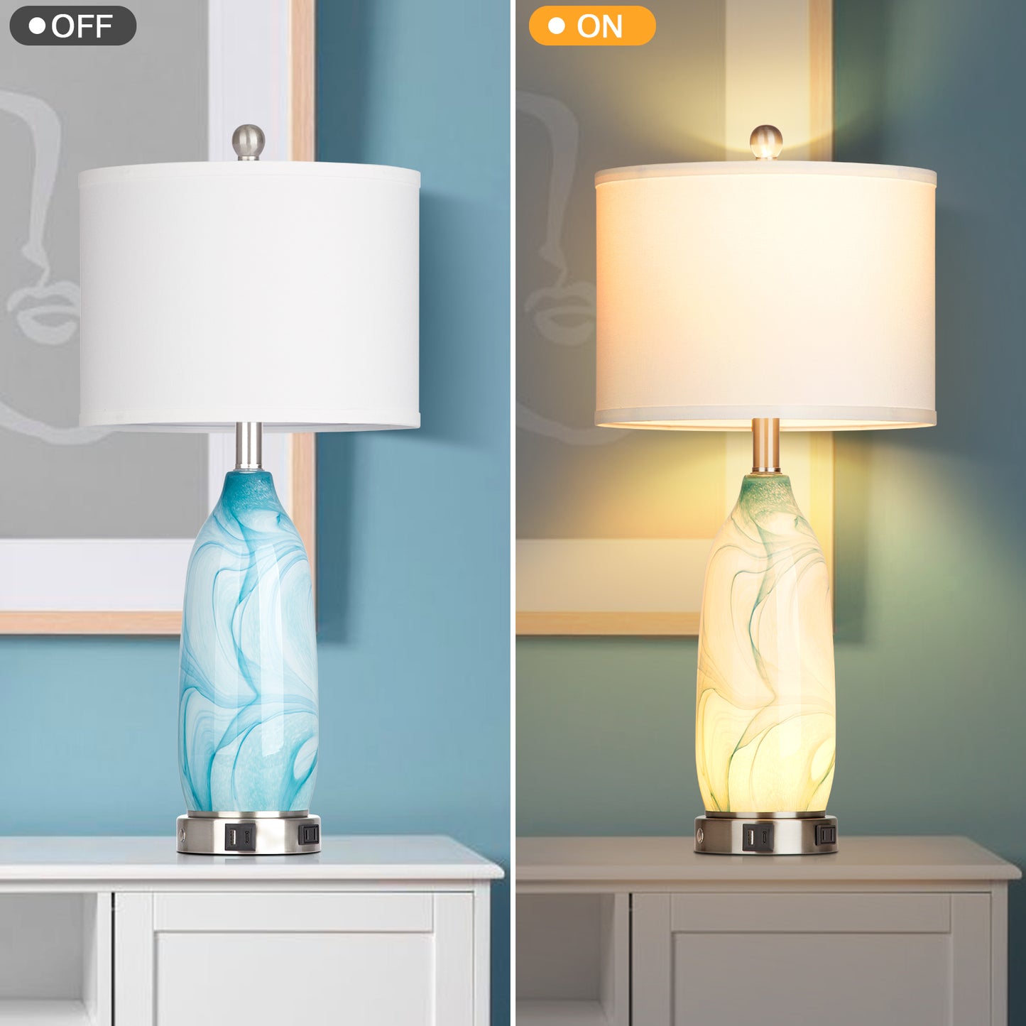 2-in-1 table lamp with nightlight. Blue glass lamp body. Charging ports & AC outlet. Drum shade. Touch switch (Set of 2)