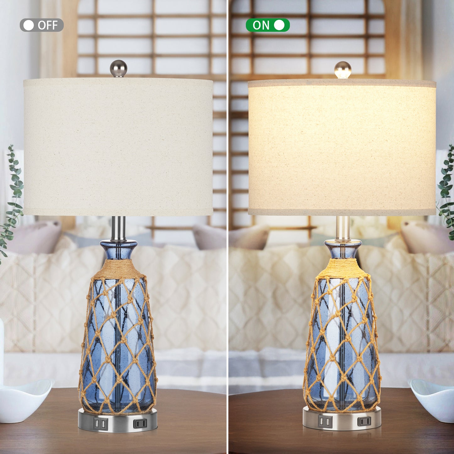 Deep Blue Bubble Glass Table Lamp with Dual USB Charging Ports, AC Outlet, Touch 3-Way Dimming Switch and No Strobe (Set of 2))