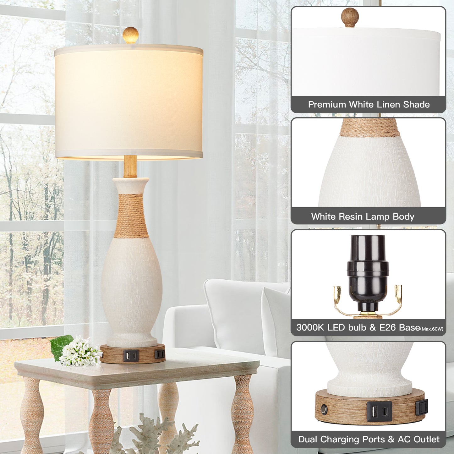 White Resin Table Lamp with Gooseneck, Touch Dimming, USB & Type C Ports, AC Outlet, No Strobe (Set of 2)