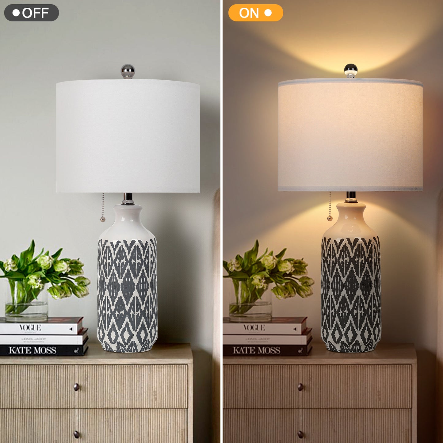 Grey-White Ceramic Table Lamp Boasts Pull Chain Switch, Non-Slip Mat and No Strobe