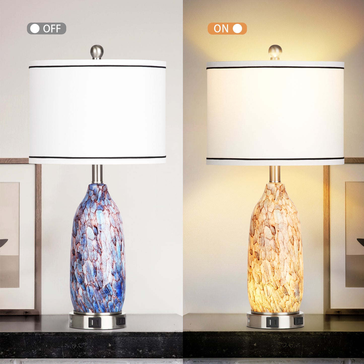 2-in-1 table lamp with nightlight. Indigo glass body. Charging ports & AC outlet. Drum shade, touch dimming switch (Set of 2)