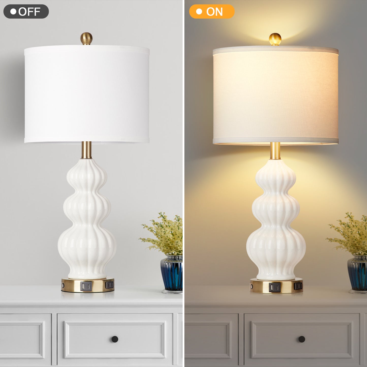 White Ceramic Cucurbit Style Table Lamp with 3-Way Touch Dimming Switch, USB Type C Charging Ports and AC Outlet (Set of 2)