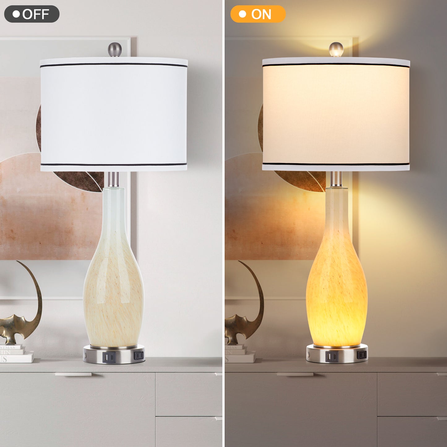 2-in-1 table lamp with nightlight. Nattierblue glass vase style body. Charging port & AC outlet. Drum shade, touch switch (Set of 2)