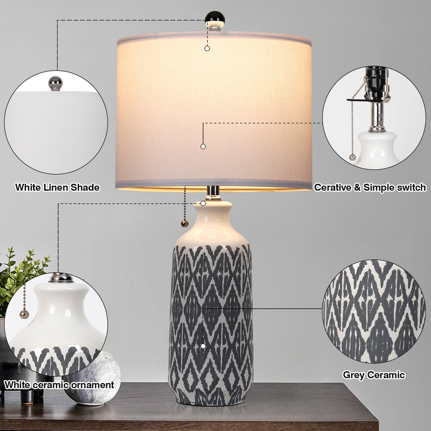 Grey-White Ceramic Table Lamp Boasts Pull Chain Switch, Non-Slip Mat and No Strobe