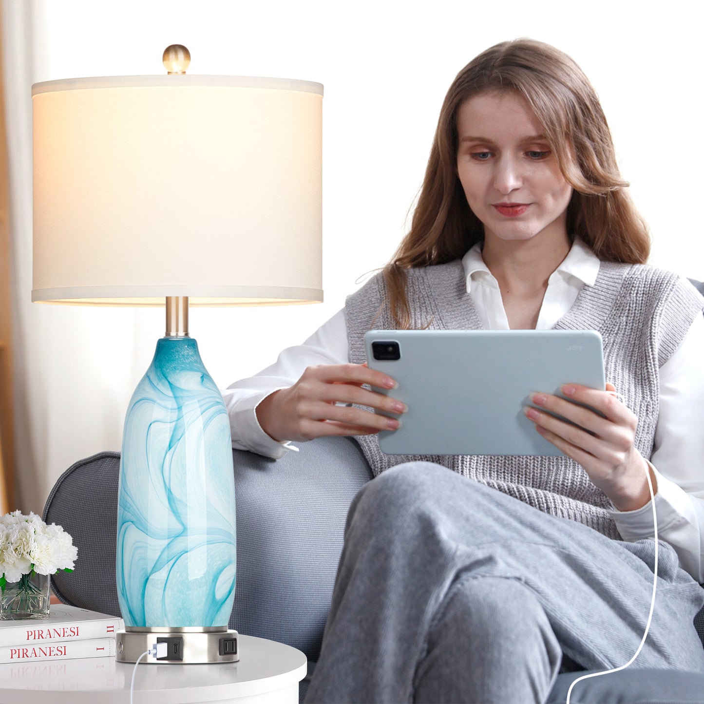 2-in-1 table lamp with nightlight. Blue glass lamp body. Charging ports & AC outlet. Drum shade. Touch switch (Set of 2)