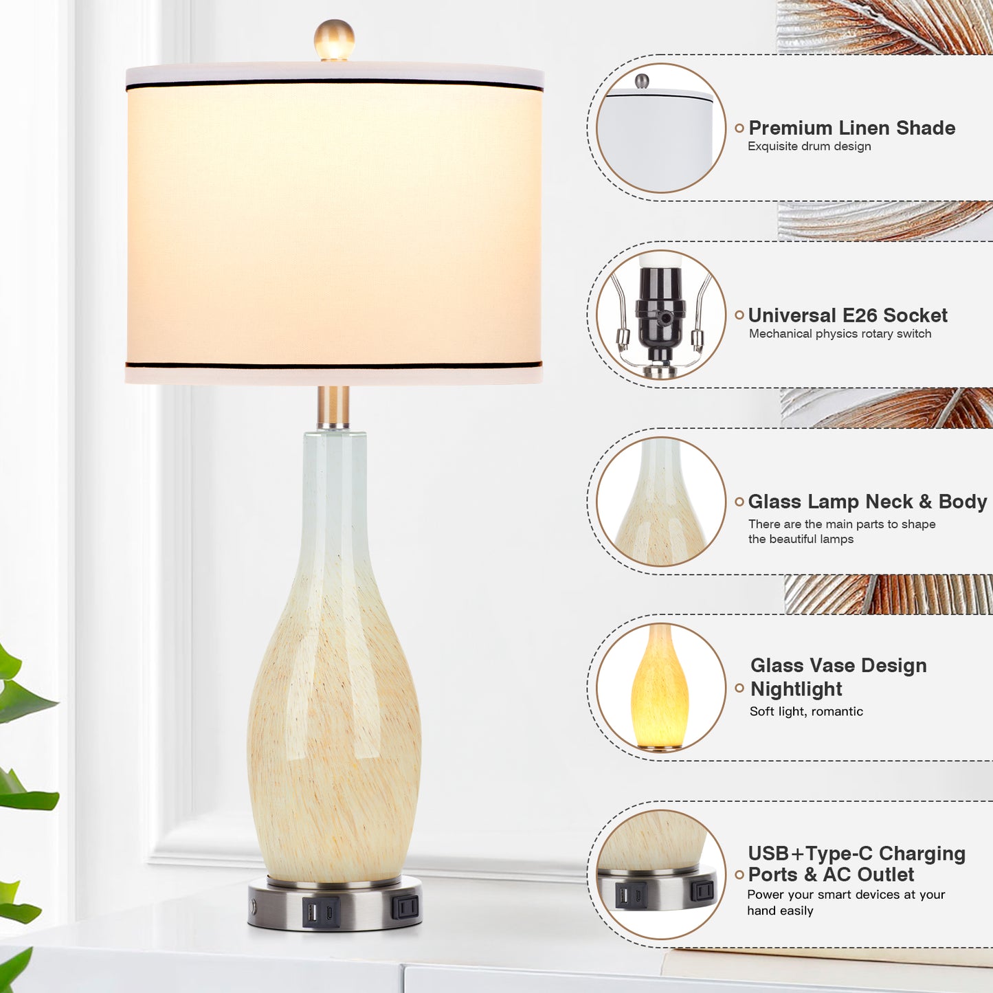 2-in-1 table lamp with nightlight. Nattierblue glass vase style body. Charging port & AC outlet. Drum shade, touch switch (Set of 2)