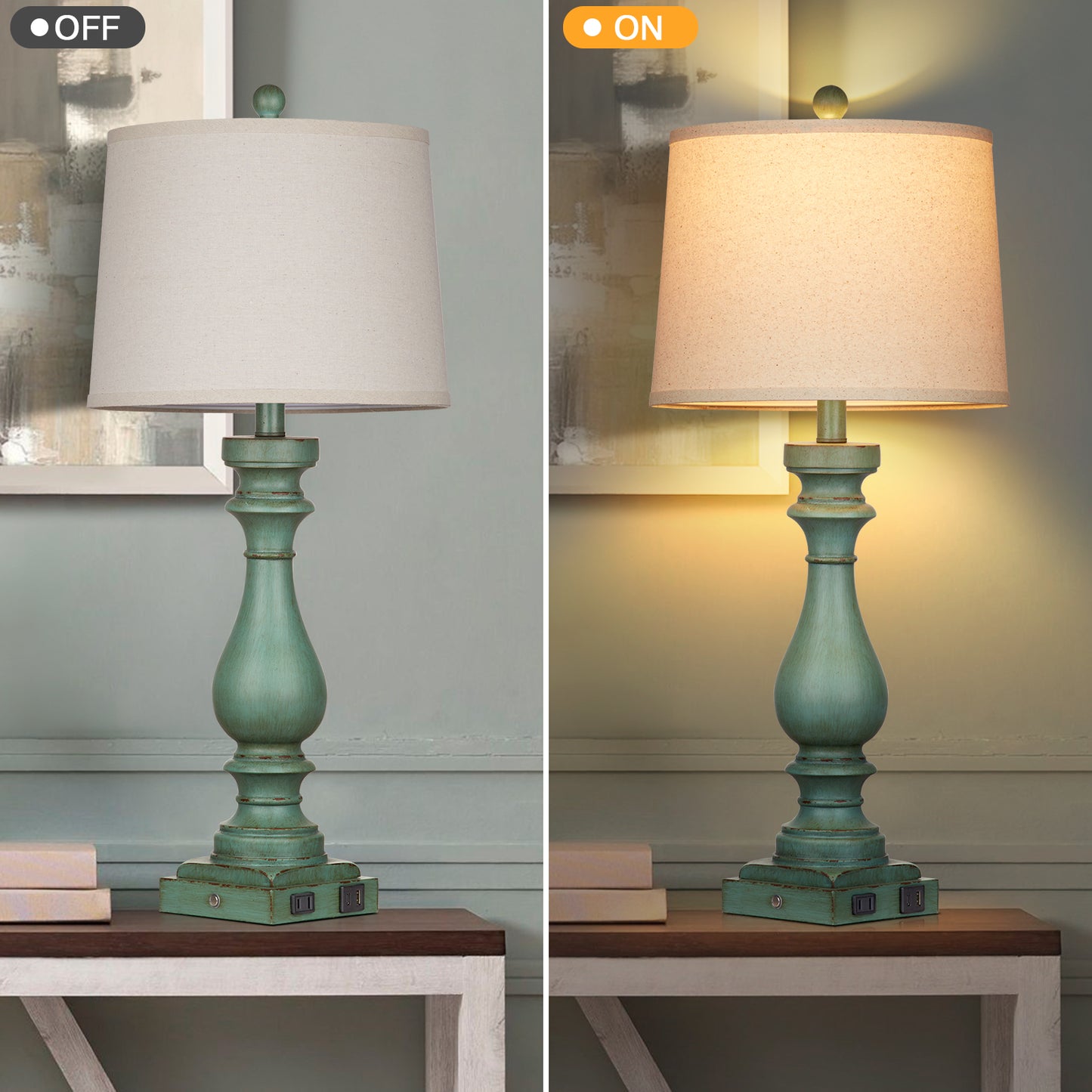 Table lamps with green resin, universal USB Type - C charging ports and AC outlet (Set of 2)
