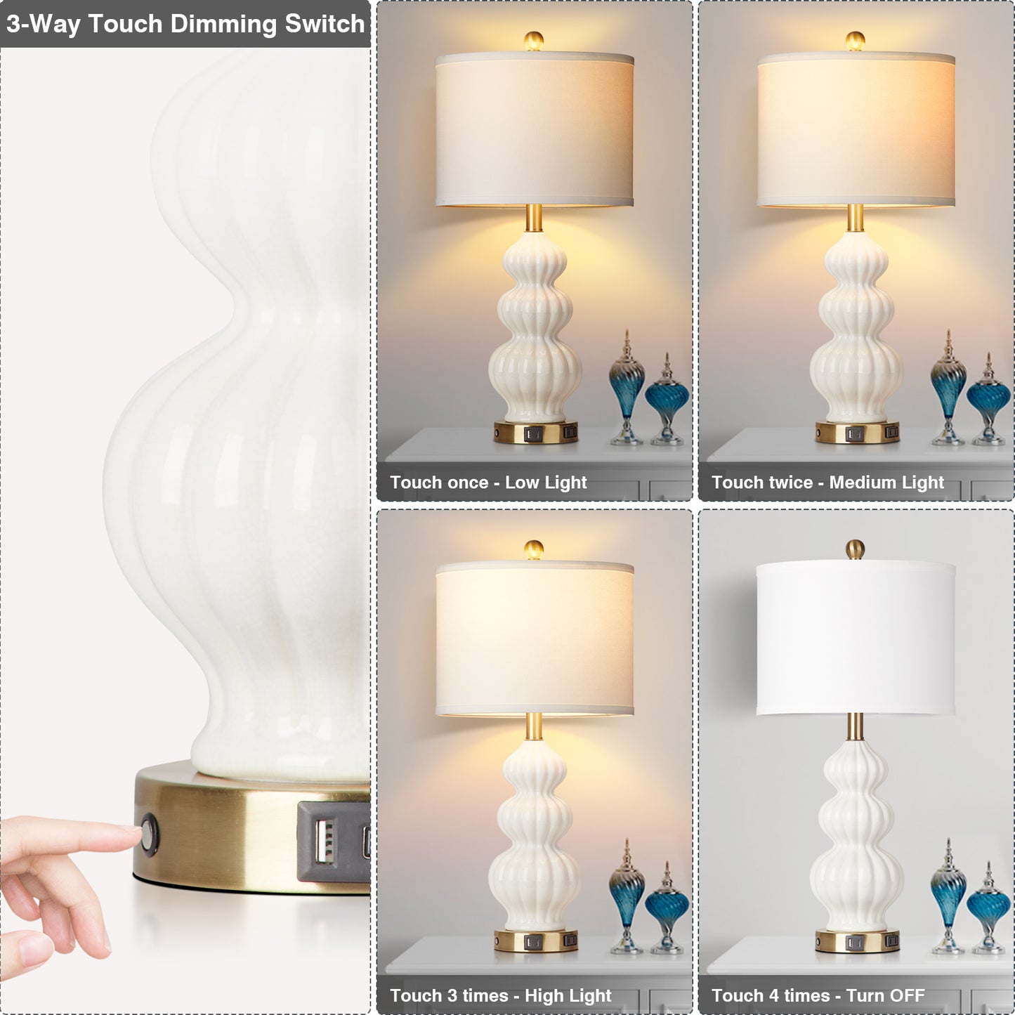 White Ceramic Cucurbit Style Table Lamp with 3-Way Touch Dimming Switch, USB Type C Charging Ports and AC Outlet (Set of 2)