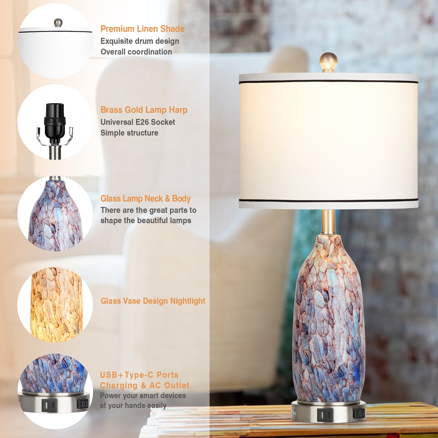 2-in-1 table lamp with nightlight. Indigo glass body. Charging ports & AC outlet. Drum shade, touch dimming switch (Set of 2)