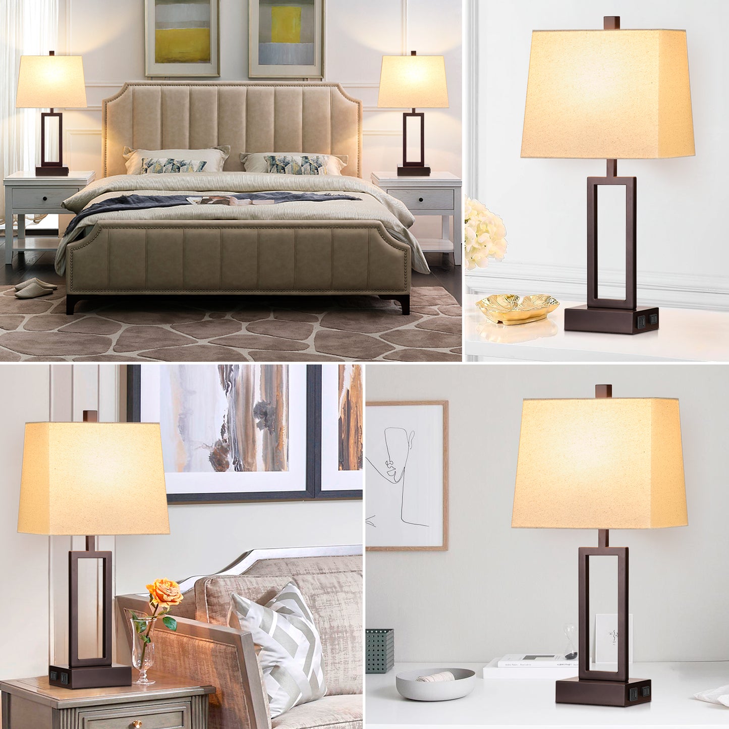 Black Matte Metal Table Lamp with Beige Shade, Equipped with USB Type-C Charging Ports and AC Outlet (Set of 2)