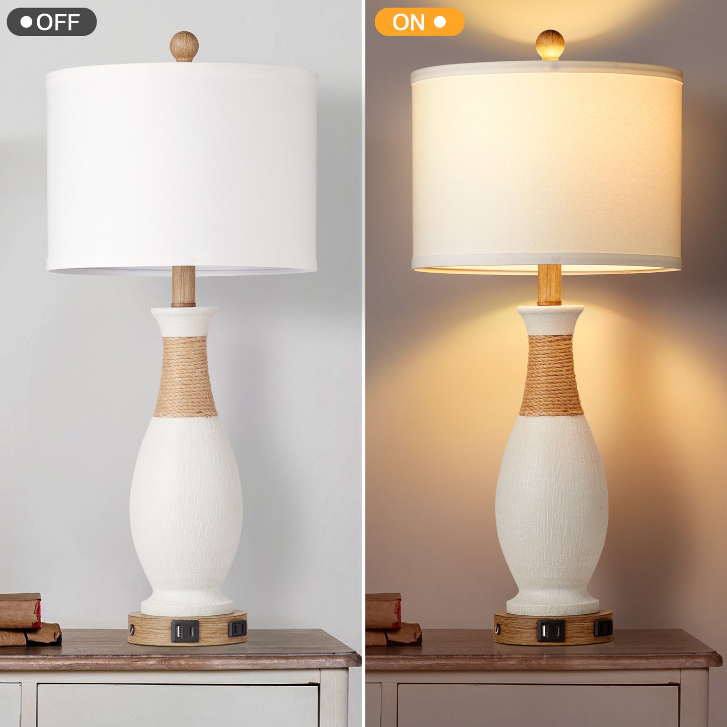White Resin Table Lamp with Gooseneck, Touch Dimming, USB & Type C Ports, AC Outlet, No Strobe (Set of 2)
