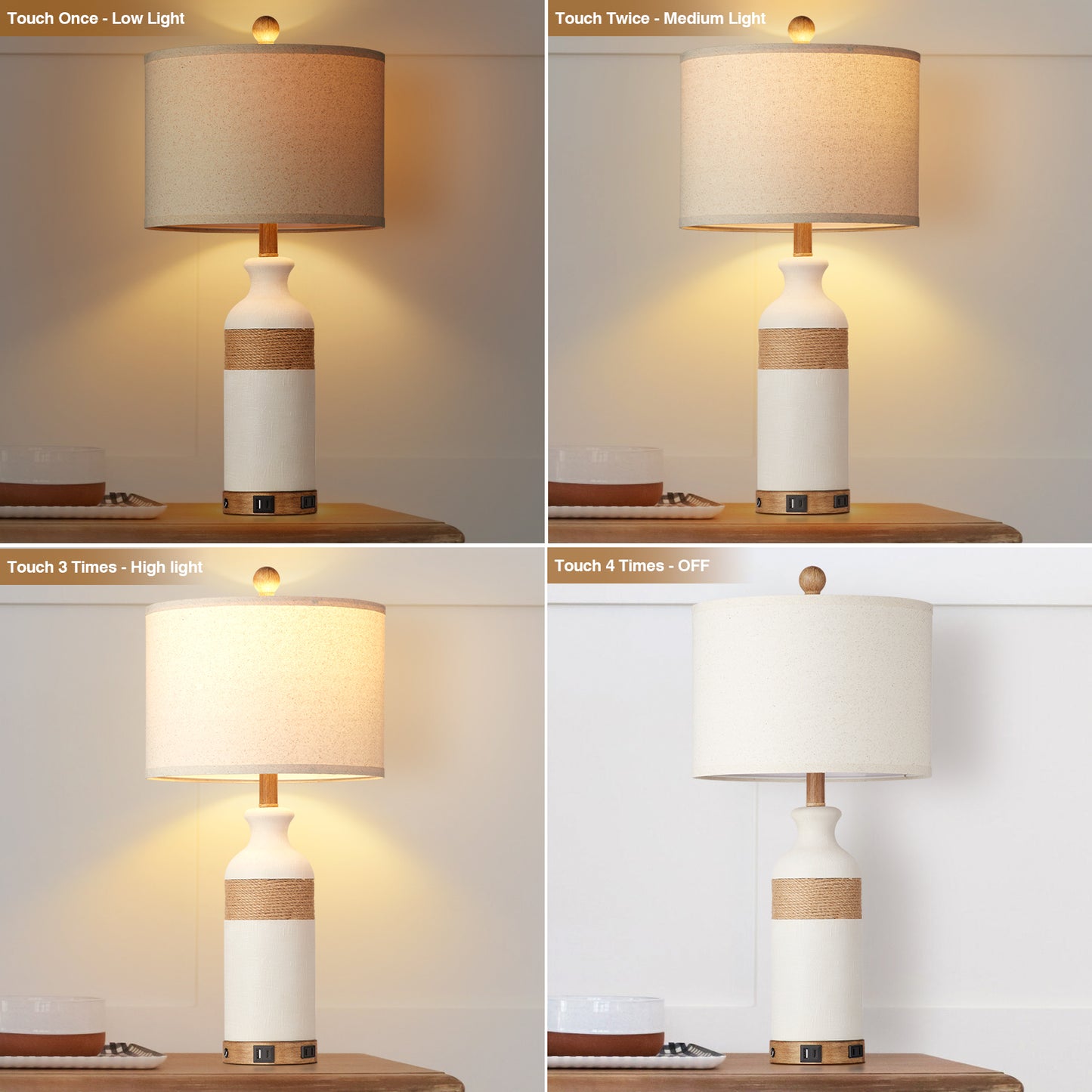 White resin table lamp Touch dimming switch USB & Type-C ports AC outlet No strobe (Set of 2)