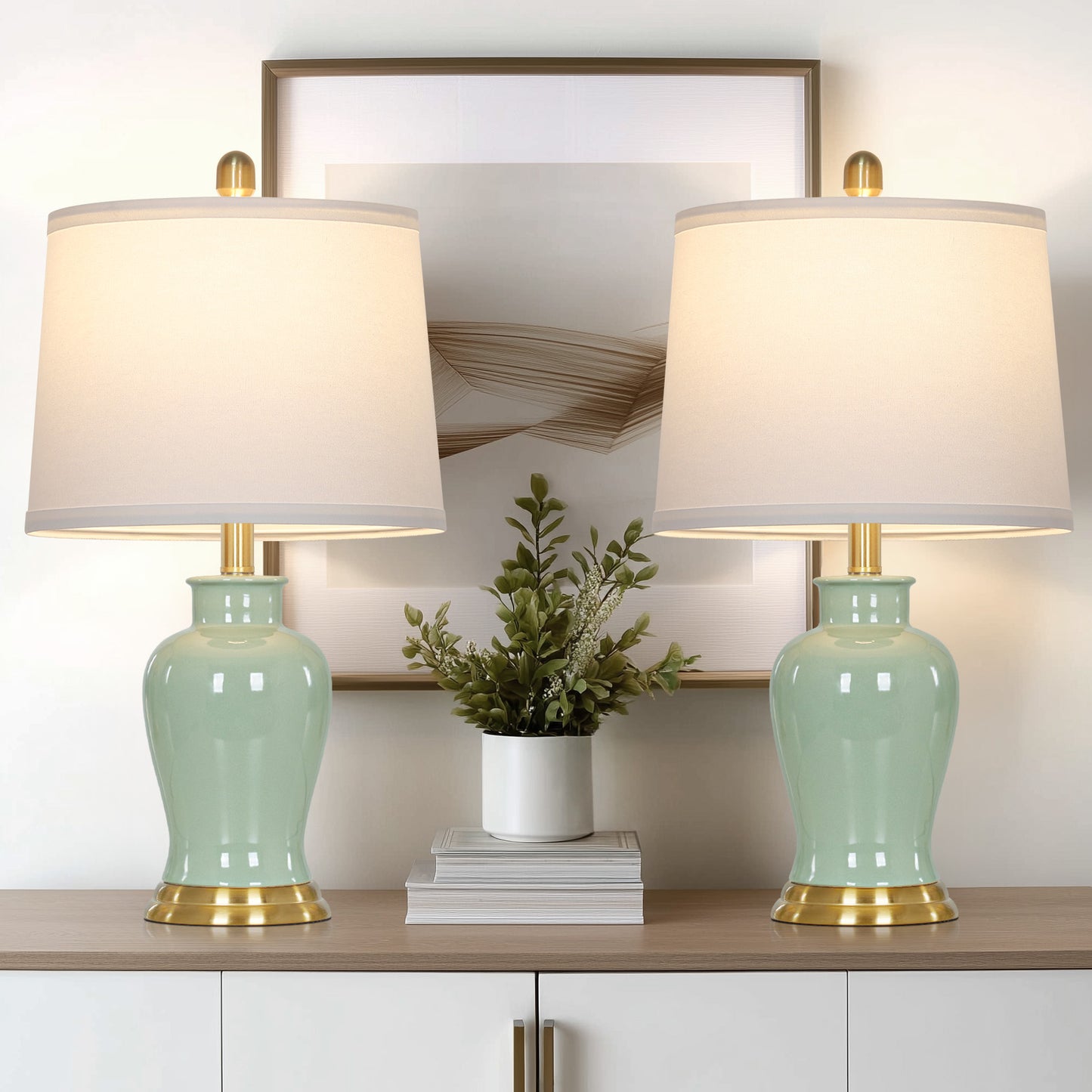 Cinkeda 23" Coastal Green Ceramic Table Lamps Set of 2 with Gold Accents, Modern Ceramic Ginger Jar Nightstand Lamps for Bedroom Living Room