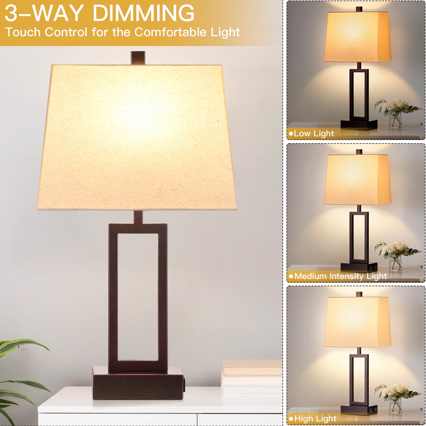 Black Matte Metal Table Lamp with Beige Shade, Equipped with USB Type-C Charging Ports and AC Outlet (Set of 2)