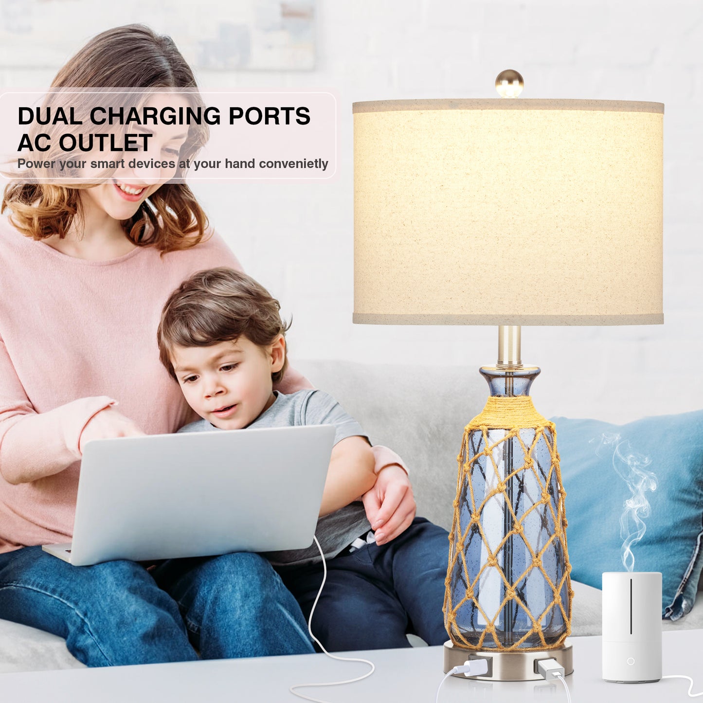 Deep Blue Bubble Glass Table Lamp with Dual USB Charging Ports, AC Outlet, Touch 3-Way Dimming Switch and No Strobe (Set of 2))