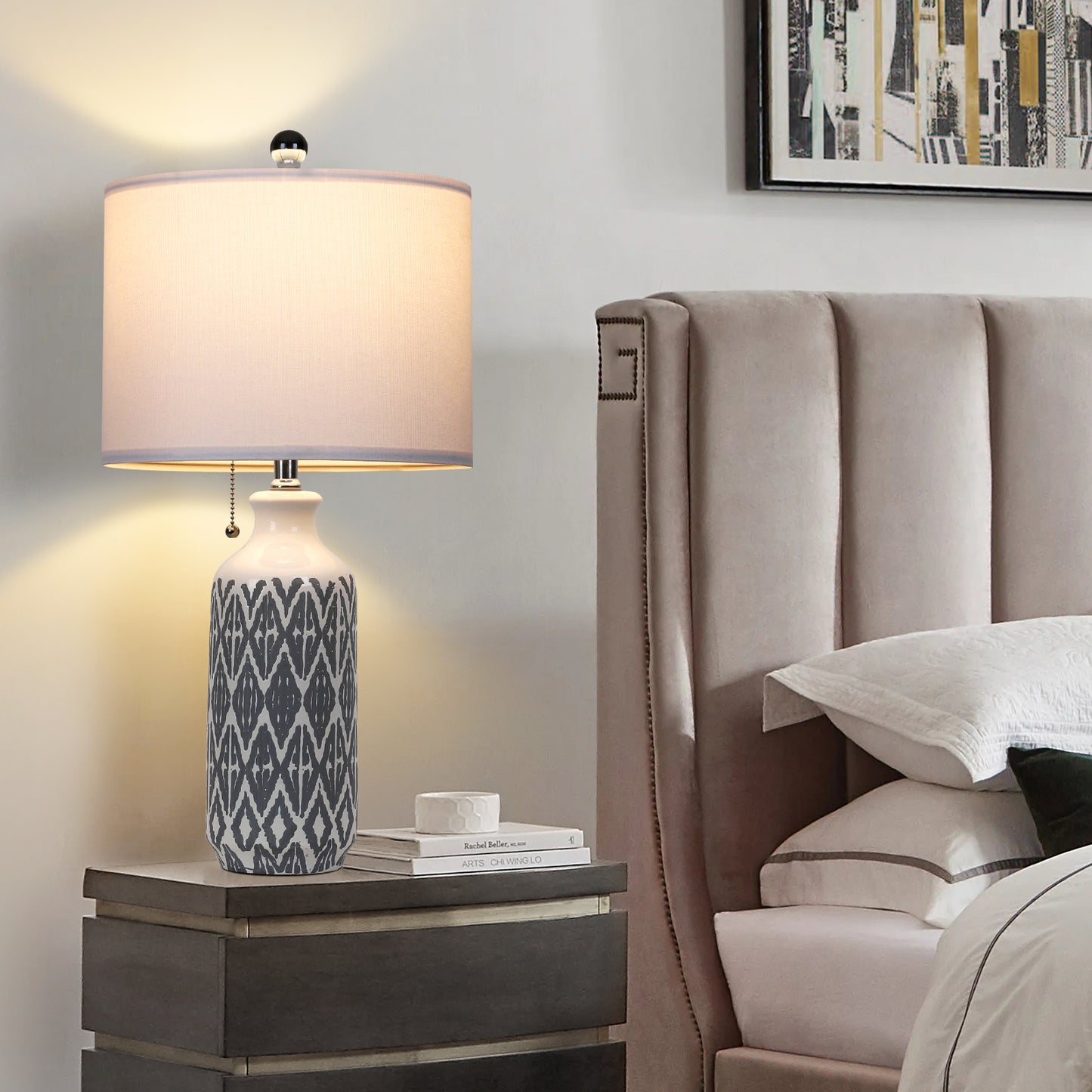 Grey-White Ceramic Table Lamp Boasts Pull Chain Switch, Non-Slip Mat and No Strobe
