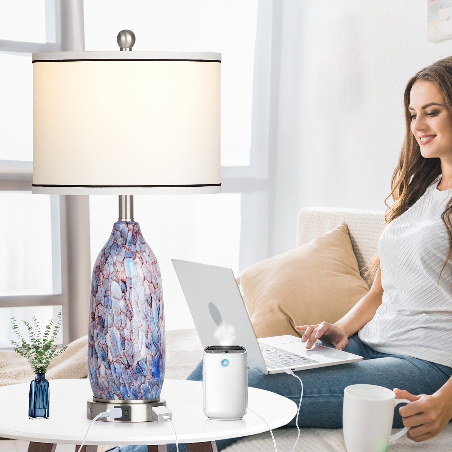 2-in-1 table lamp with nightlight. Indigo glass body. Charging ports & AC outlet. Drum shade, touch dimming switch (Set of 2)