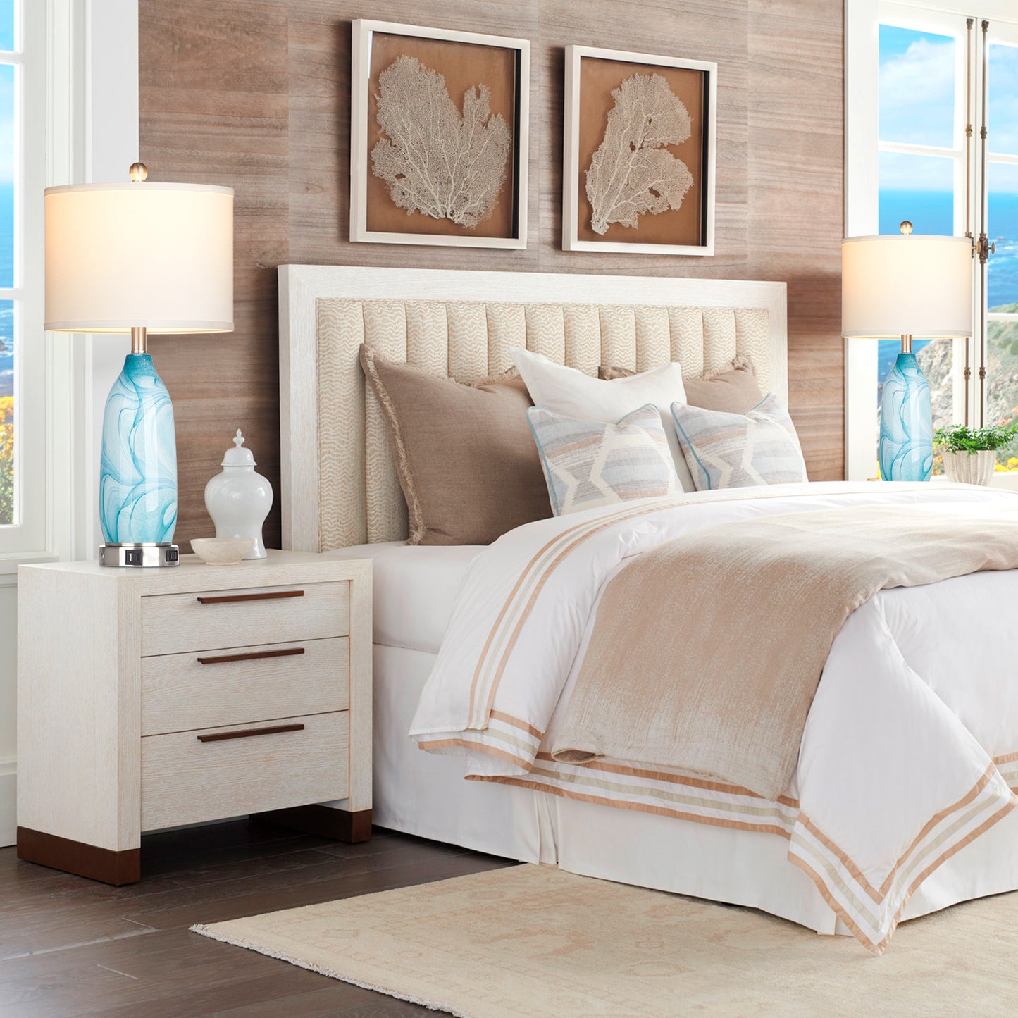 2-in-1 table lamp with nightlight. Blue glass lamp body. Charging ports & AC outlet. Drum shade. Touch switch (Set of 2)