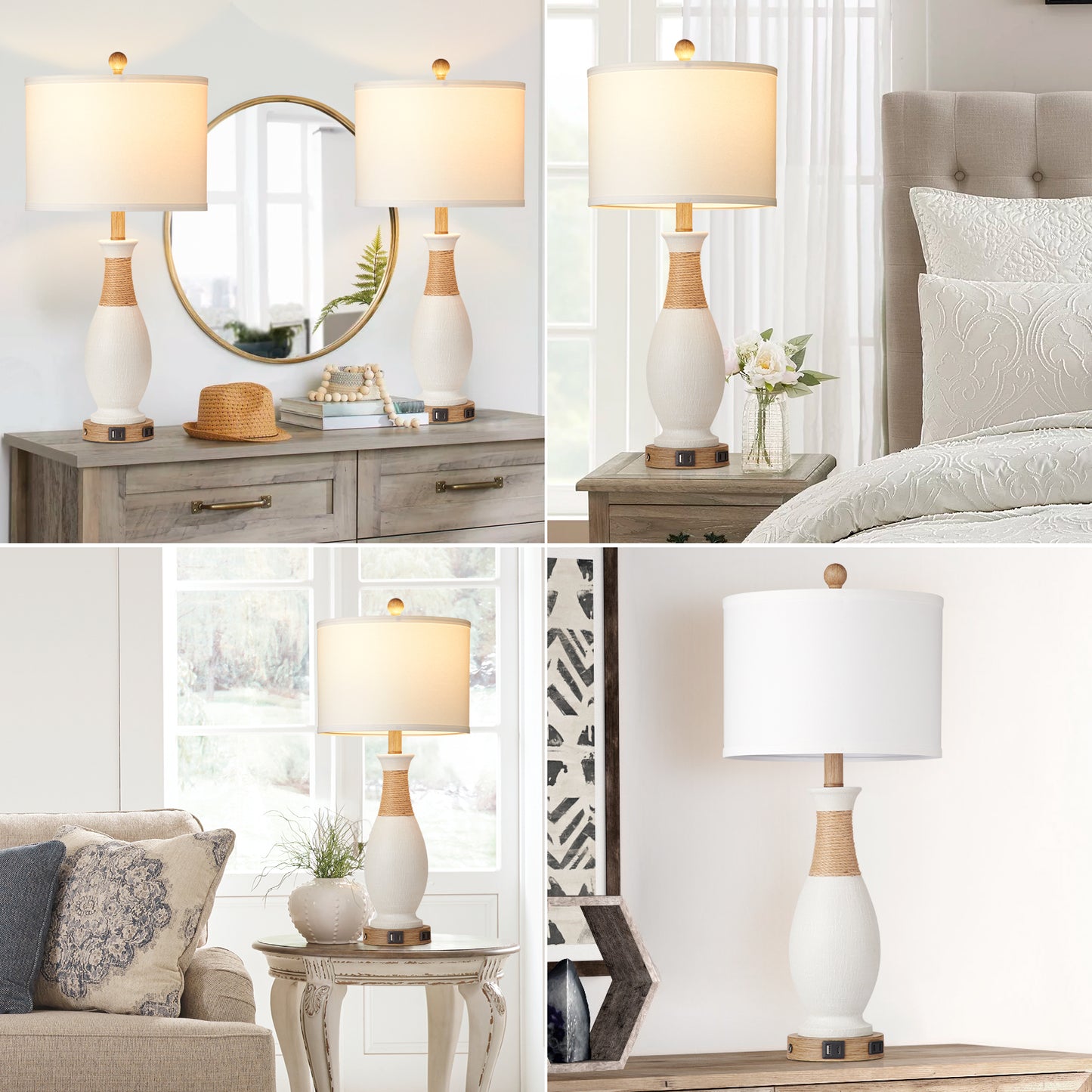 White Resin Table Lamp with Gooseneck, Touch Dimming, USB & Type C Ports, AC Outlet, No Strobe (Set of 2)