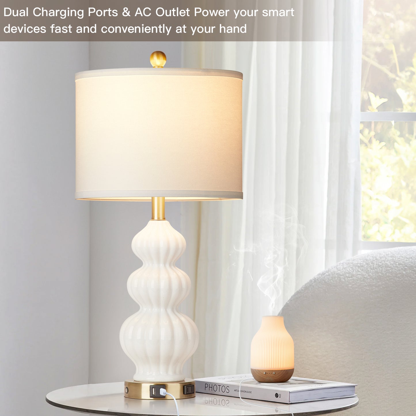 White Ceramic Cucurbit Style Table Lamp with 3-Way Touch Dimming Switch, USB Type C Charging Ports and AC Outlet (Set of 2)