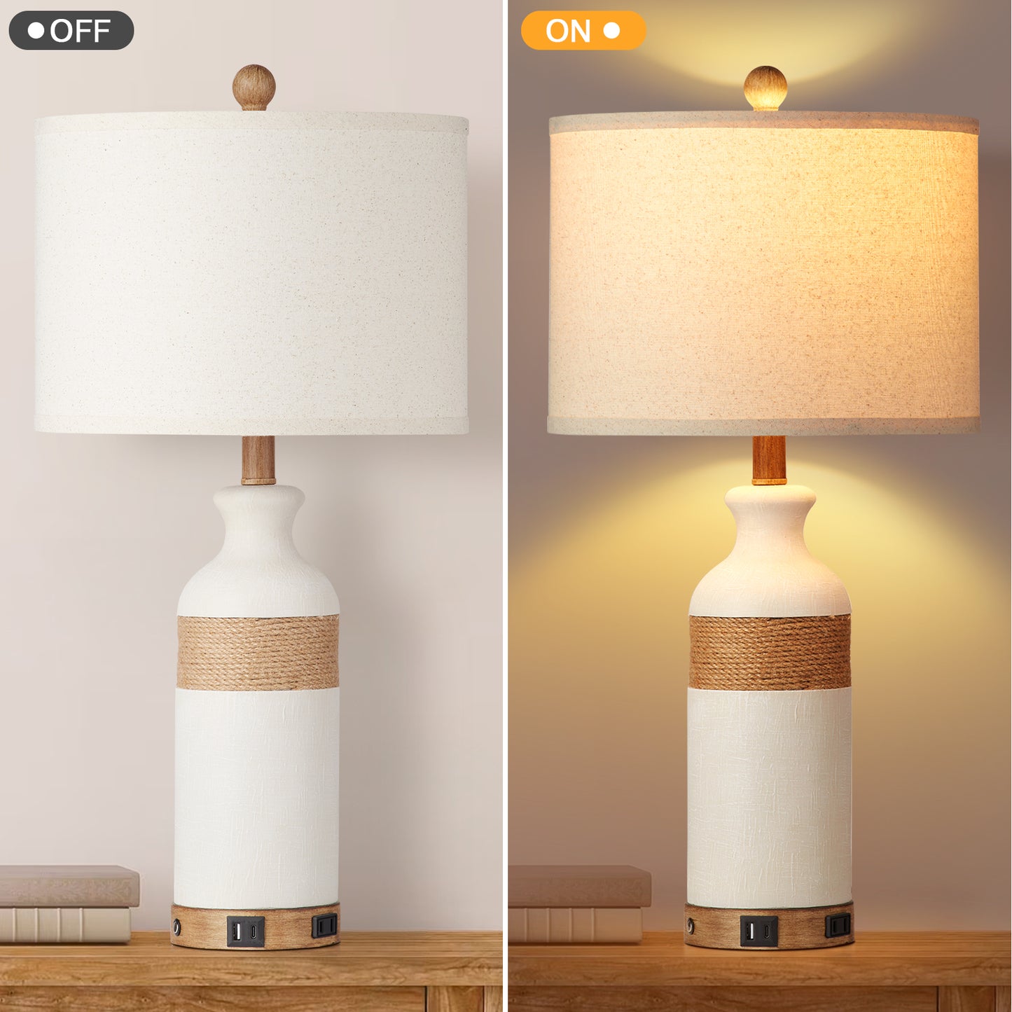 White resin table lamp Touch dimming switch USB & Type-C ports AC outlet No strobe (Set of 2)