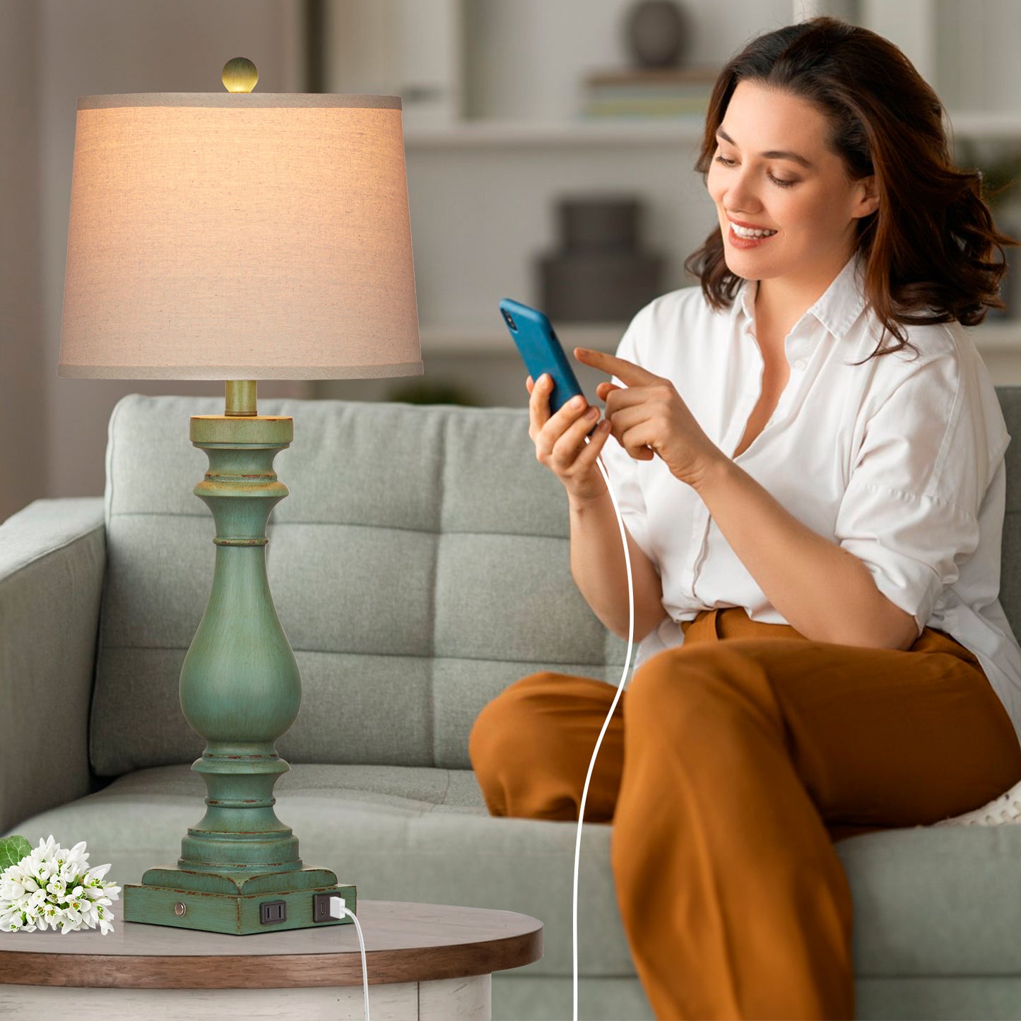 Table lamps with green resin, universal USB Type - C charging ports and AC outlet (Set of 2)