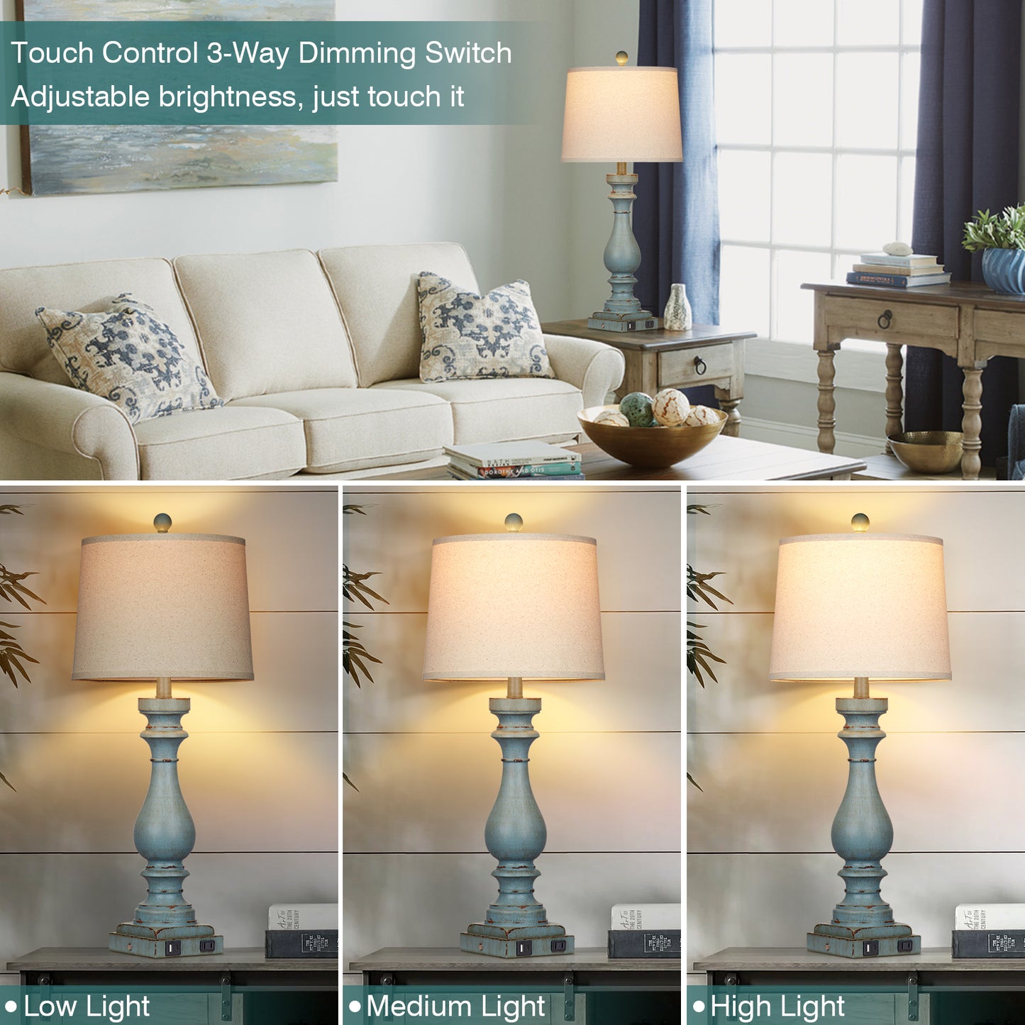 Blue Resin Drop Style Table Lamp with Tilted Shade, featuring 3-Way Dimming Touch Switch, USB Type C Charging Ports and AC Outlet, and No Strobe (Set of 2)