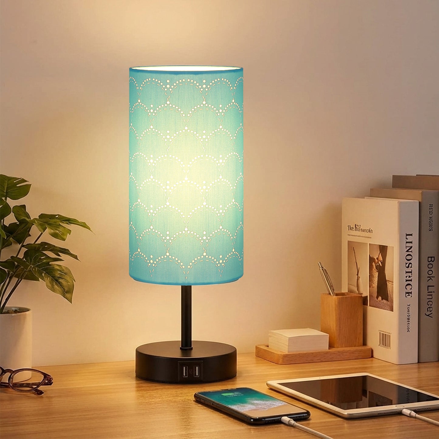 Cinkeda Table Lamp Blue Small Touch Control Bedside Lamps with USB Ports for Bedroom Nightstand Living Room Office