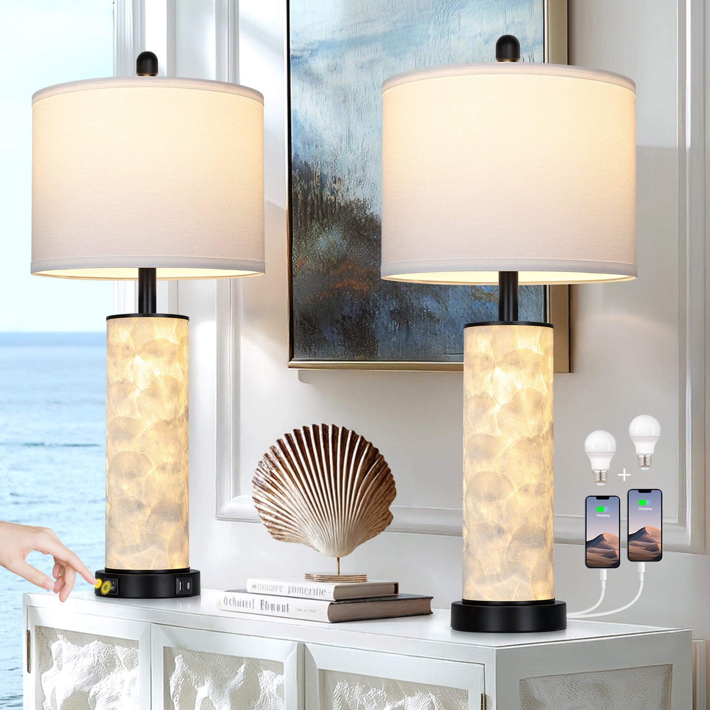 Cinkeda 29" Seashell Table Lamp Set of 2, Coastal Bedside Nightstand Lamps with USB A+C Ports & Dual Night Light, LED Bulbs Included for Living Room(Black)