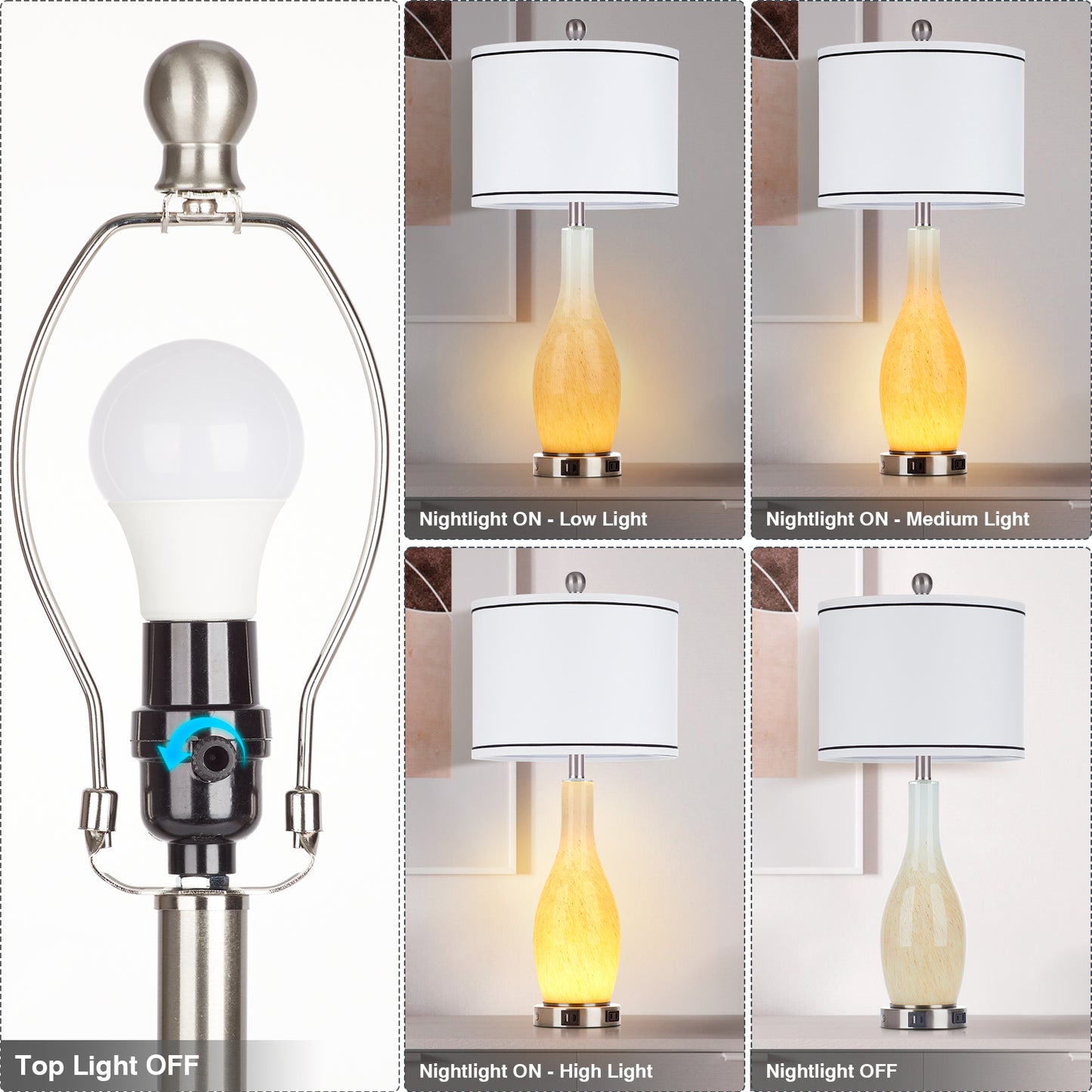 2-in-1 table lamp with nightlight. Nattierblue glass vase style body. Charging port & AC outlet. Drum shade, touch switch (Set of 2)