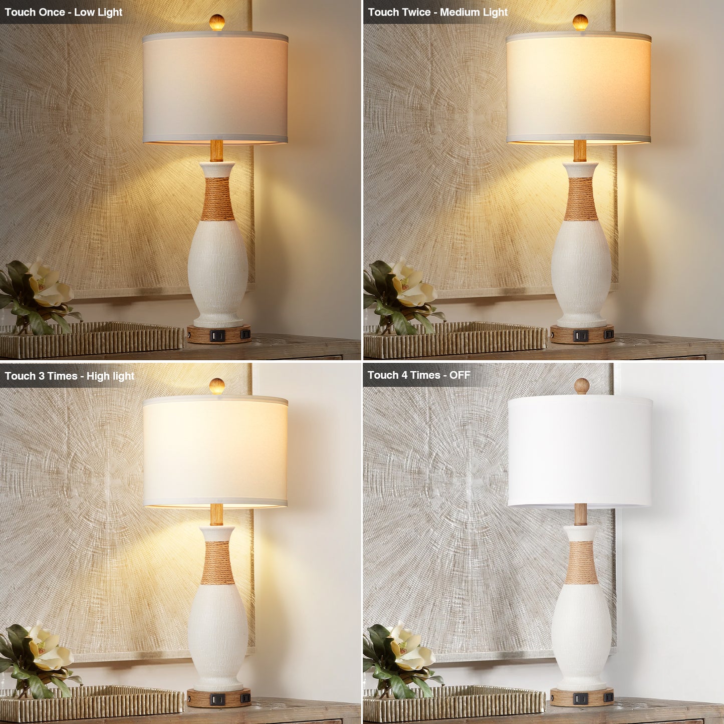 White Resin Table Lamp with Gooseneck, Touch Dimming, USB & Type C Ports, AC Outlet, No Strobe (Set of 2)