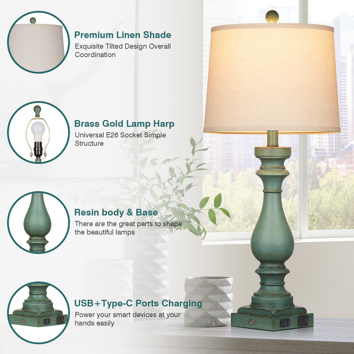 Table lamps with green resin, universal USB Type - C charging ports and AC outlet (Set of 2)