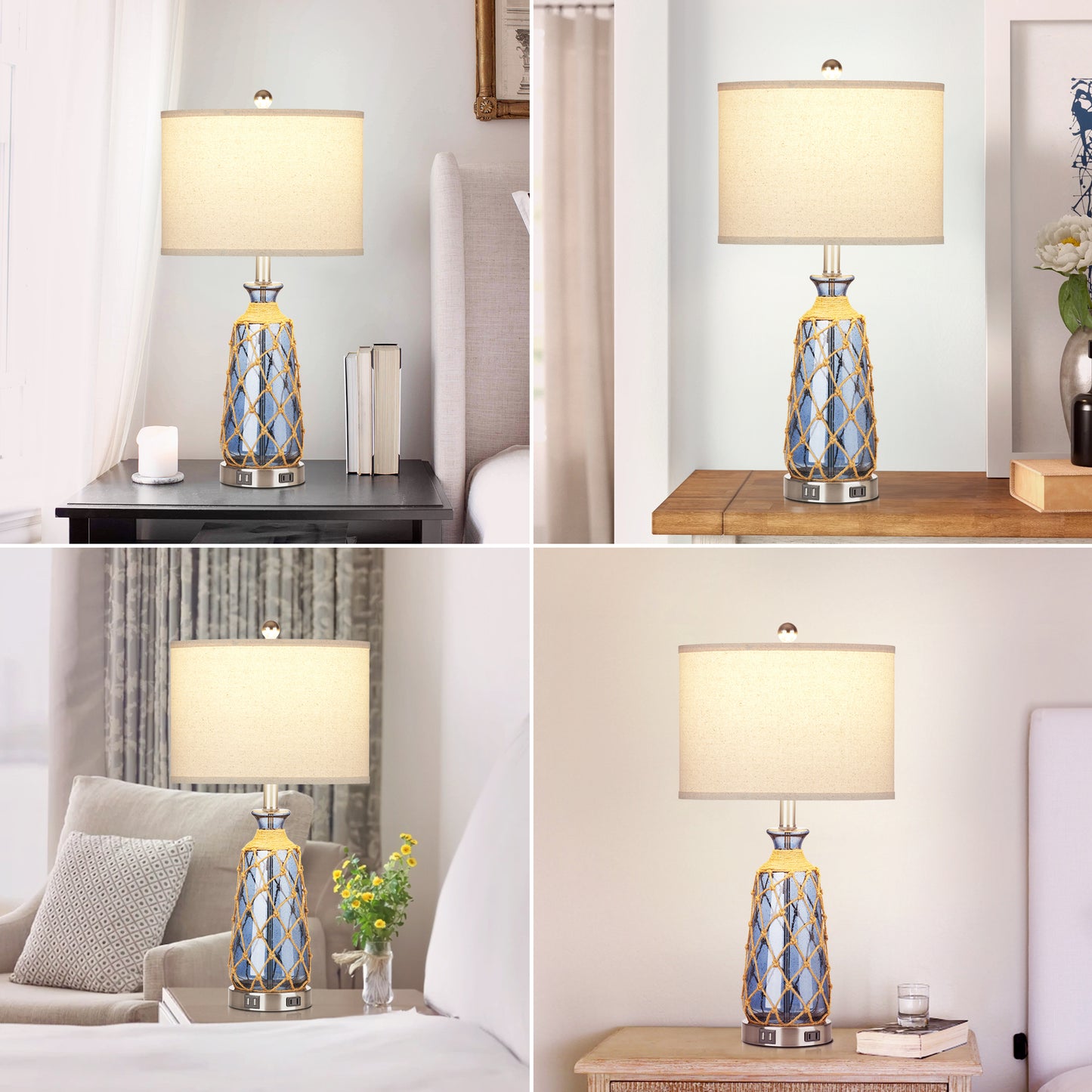 Deep Blue Bubble Glass Table Lamp with Dual USB Charging Ports, AC Outlet, Touch 3-Way Dimming Switch and No Strobe (Set of 2))