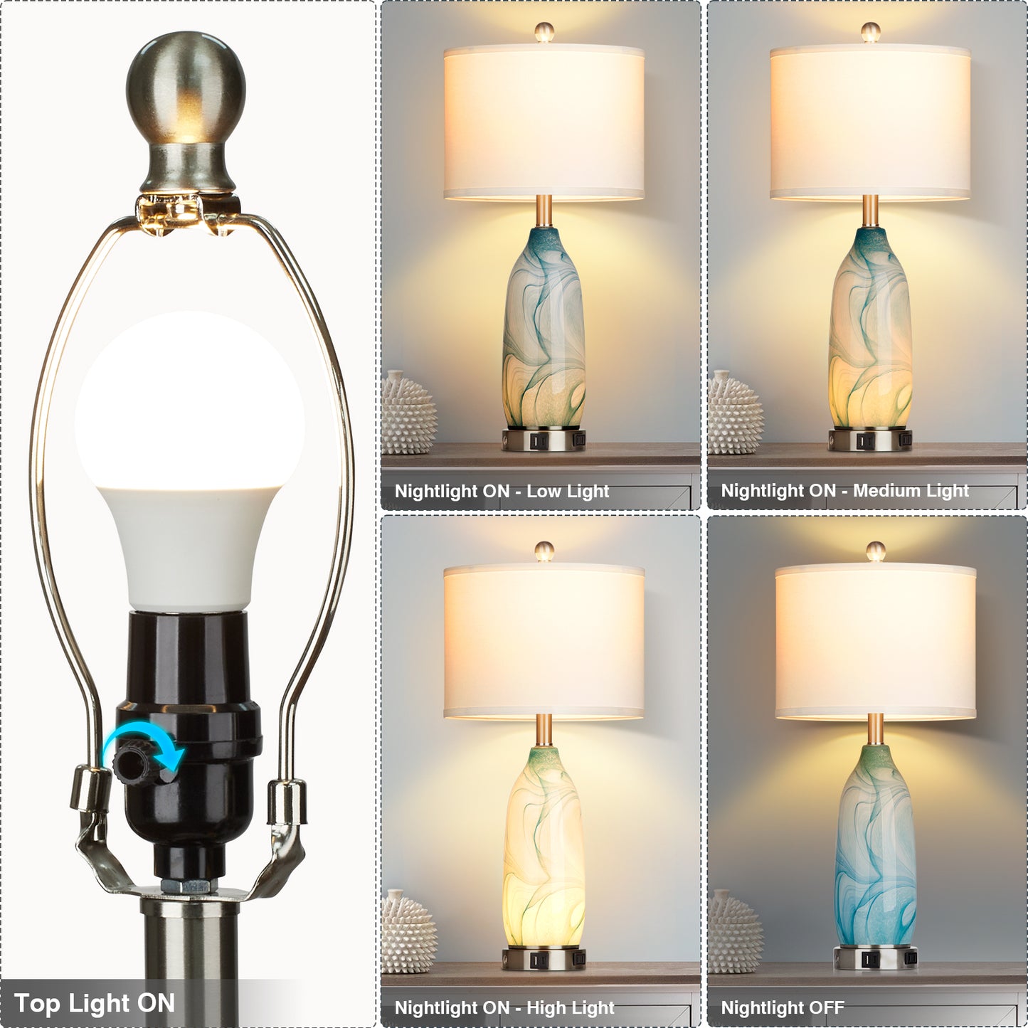 2-in-1 table lamp with nightlight. Blue glass lamp body. Charging ports & AC outlet. Drum shade. Touch switch (Set of 2)