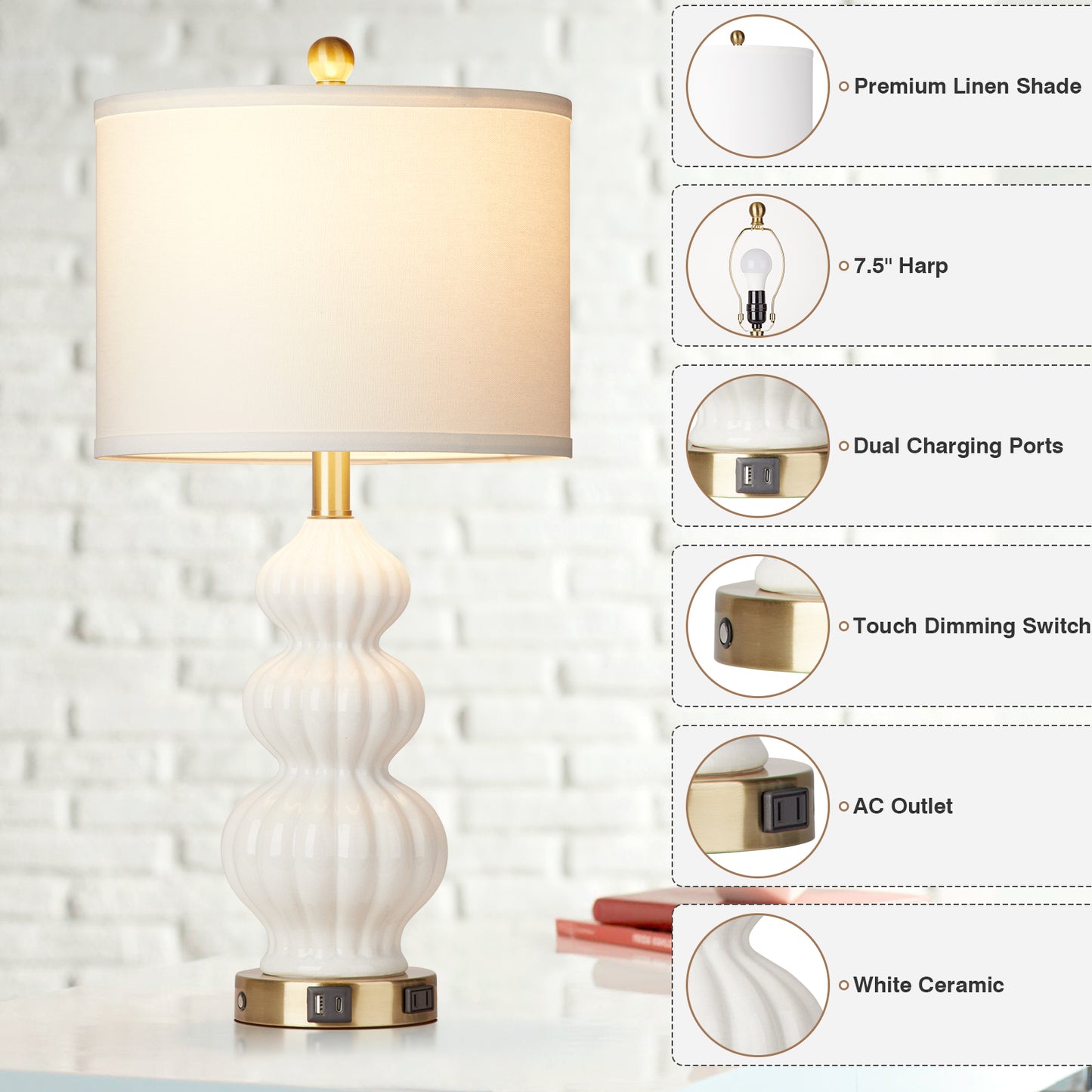 White Ceramic Cucurbit Style Table Lamp with 3-Way Touch Dimming Switch, USB Type C Charging Ports and AC Outlet (Set of 2)