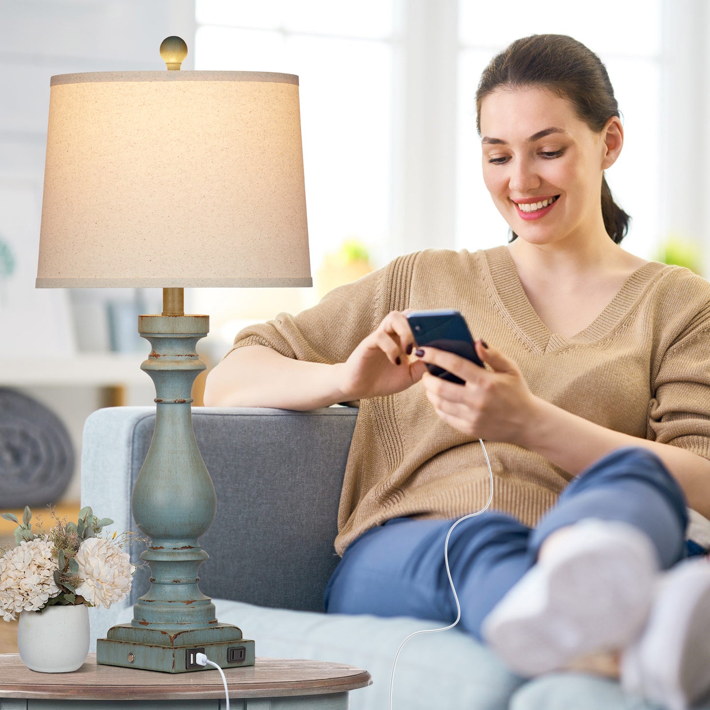 Blue Resin Drop Style Table Lamp with Tilted Shade, featuring 3-Way Dimming Touch Switch, USB Type C Charging Ports and AC Outlet, and No Strobe (Set of 2)