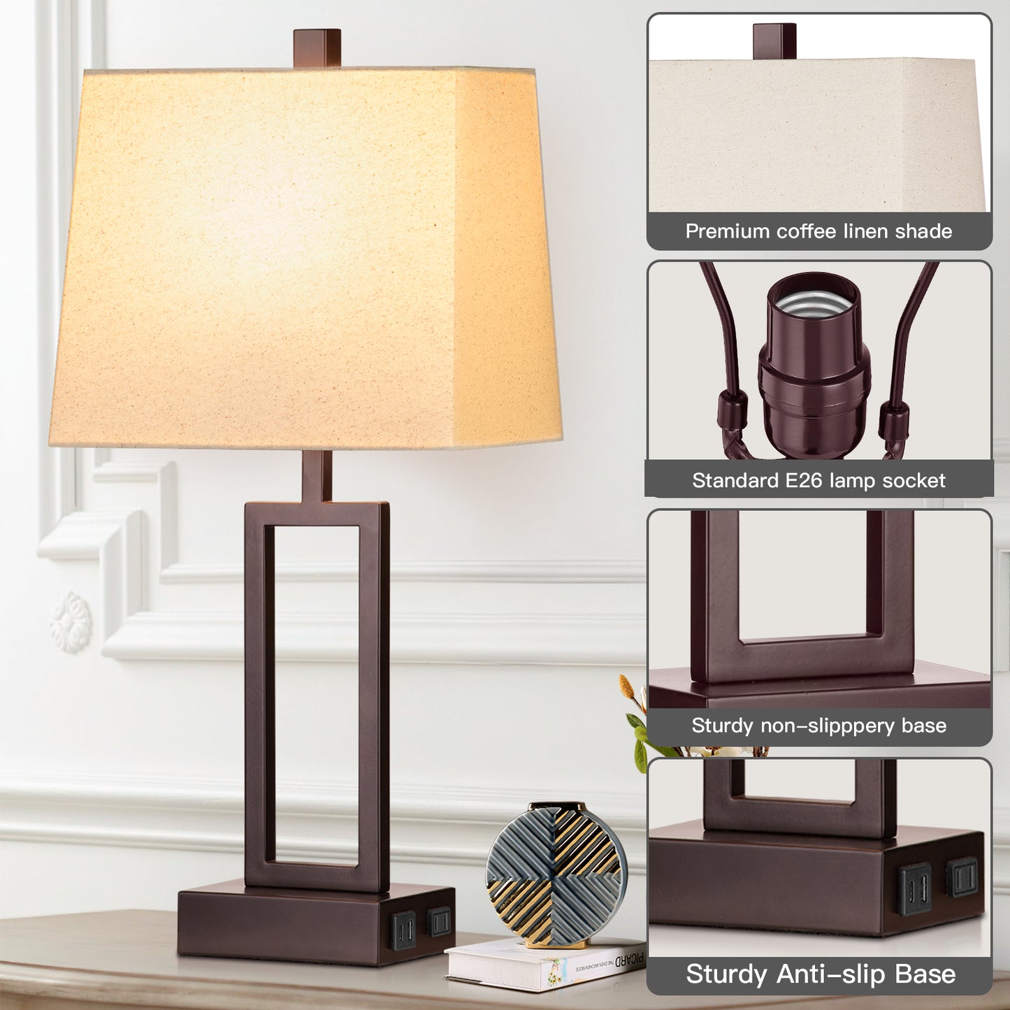 Black Matte Metal Table Lamp with Beige Shade, Equipped with USB Type-C Charging Ports and AC Outlet (Set of 2)