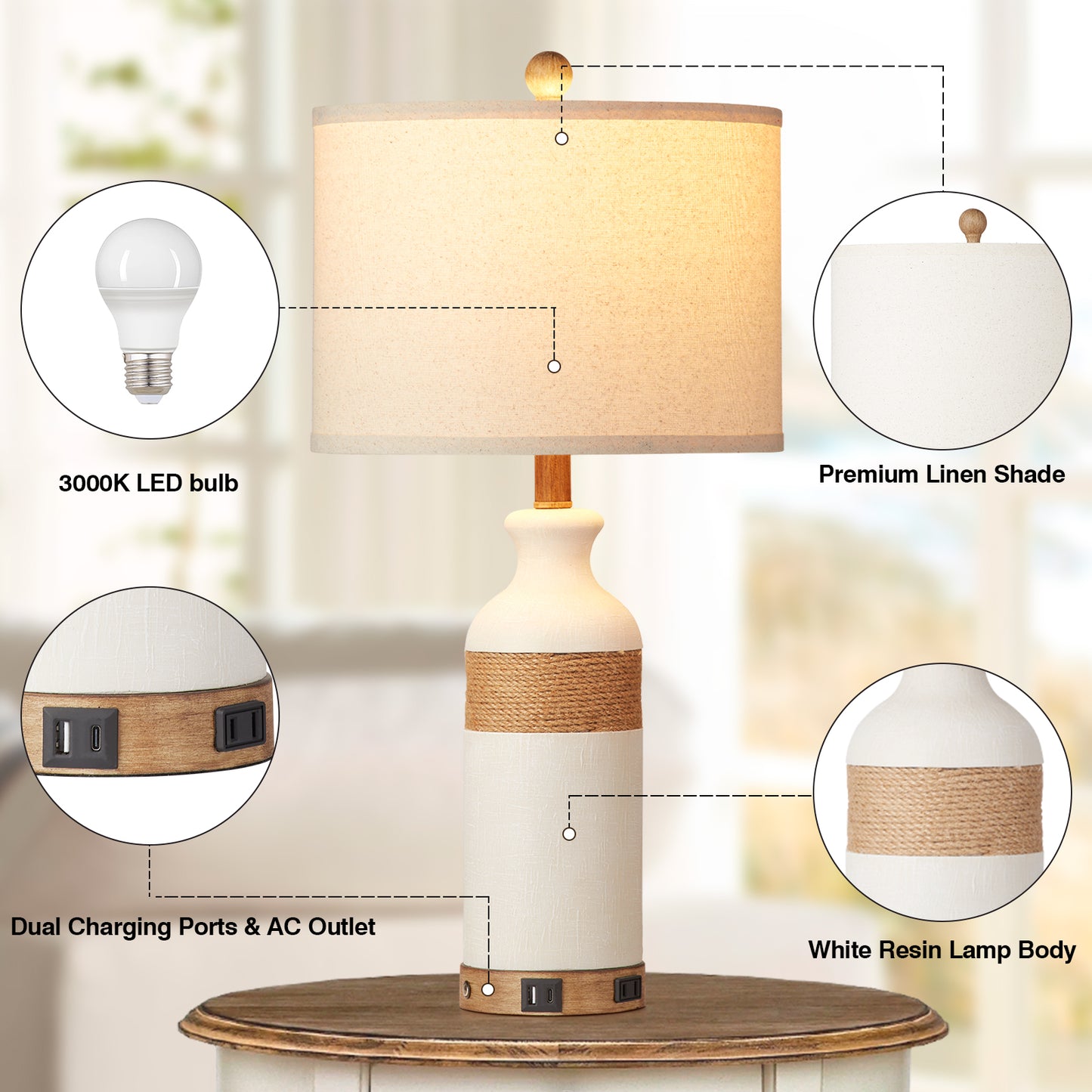White resin table lamp Touch dimming switch USB & Type-C ports AC outlet No strobe (Set of 2)