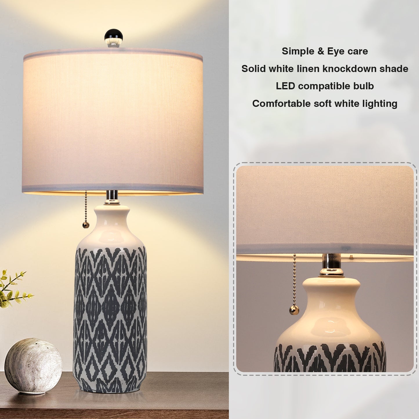 Grey-White Ceramic Table Lamp Boasts Pull Chain Switch, Non-Slip Mat and No Strobe