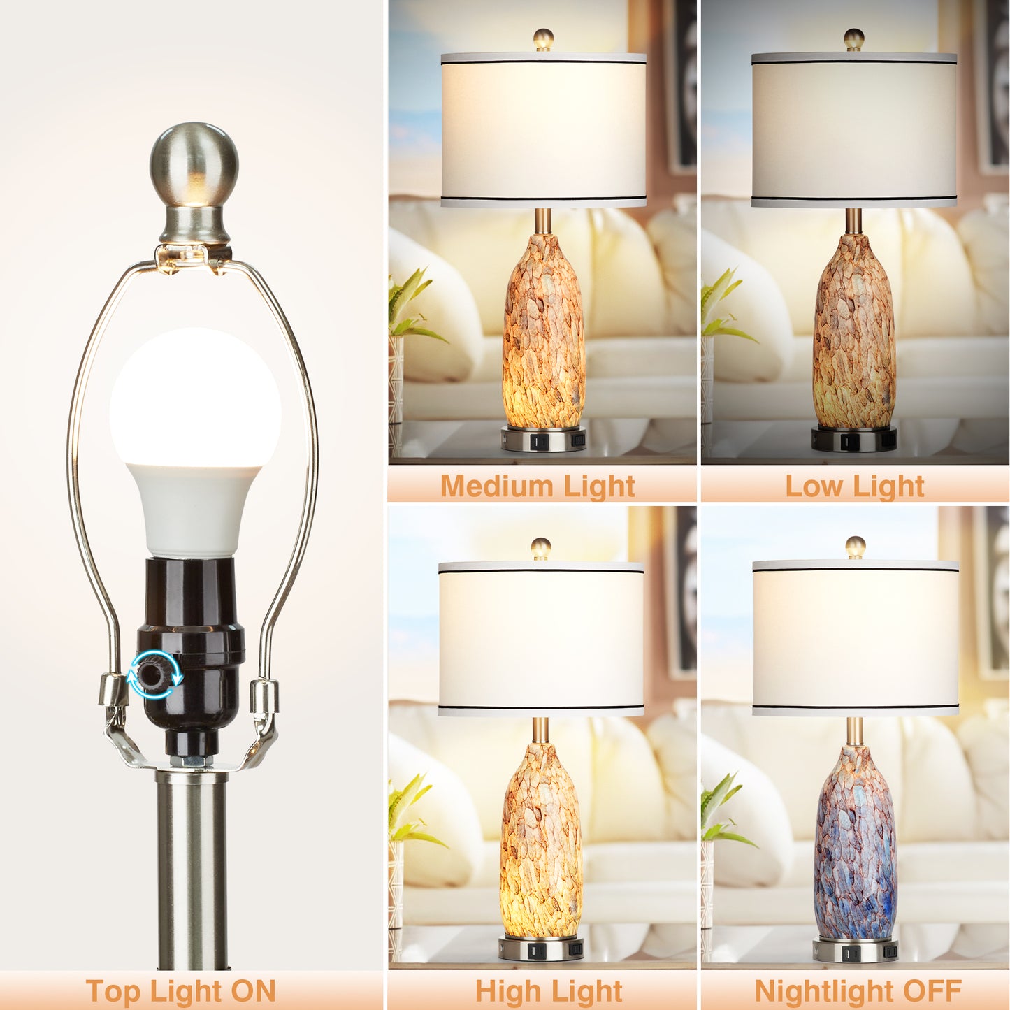 2-in-1 table lamp with nightlight. Indigo glass body. Charging ports & AC outlet. Drum shade, touch dimming switch (Set of 2)