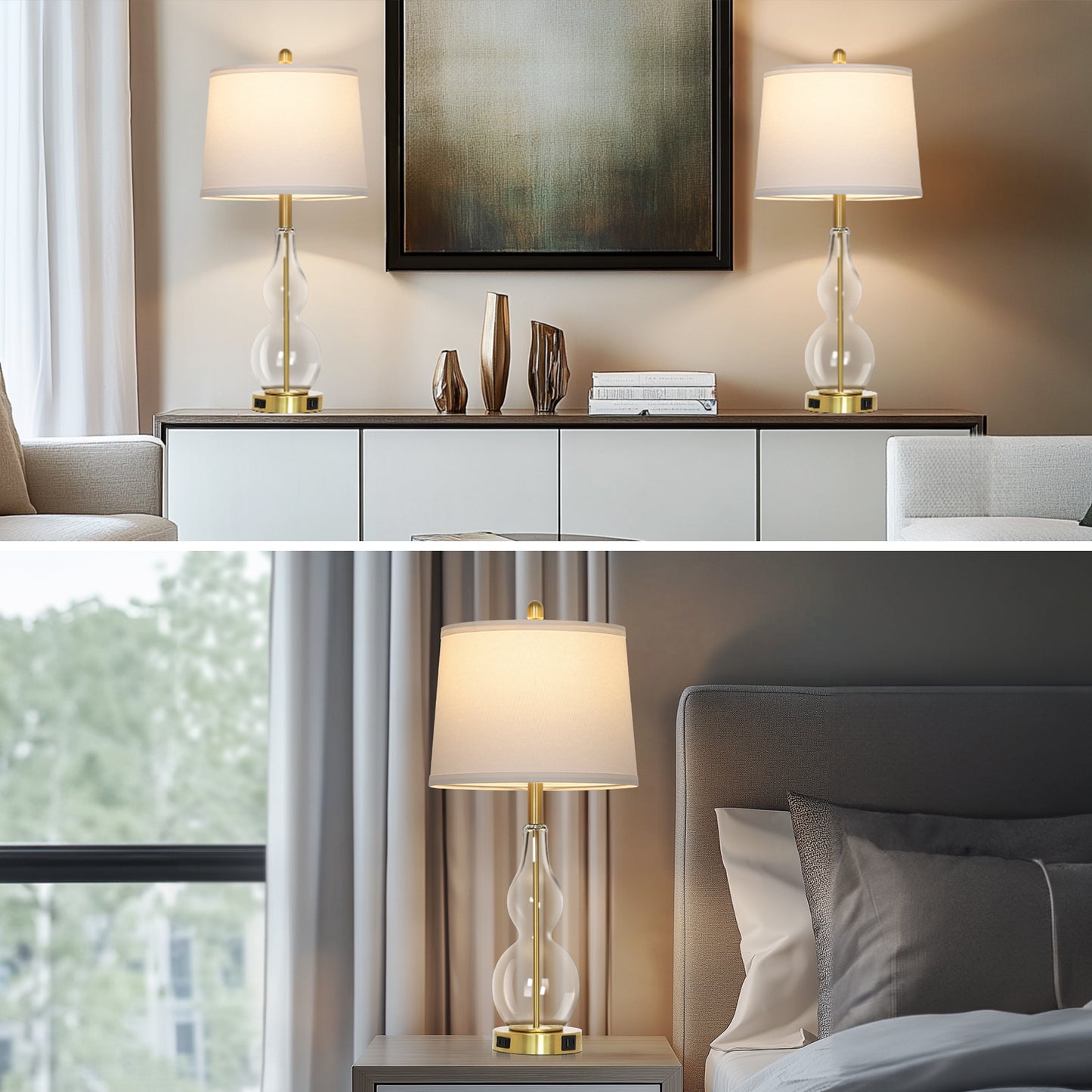 Cinkeda Clear Glass Table Lamp Set of 2 for Living Room Bedroom 27.5" 3-Way Dimmable Touch Control Bedside Lamps with USB Ports AC Outlet Morden Clear Glass Nightstand Lamp