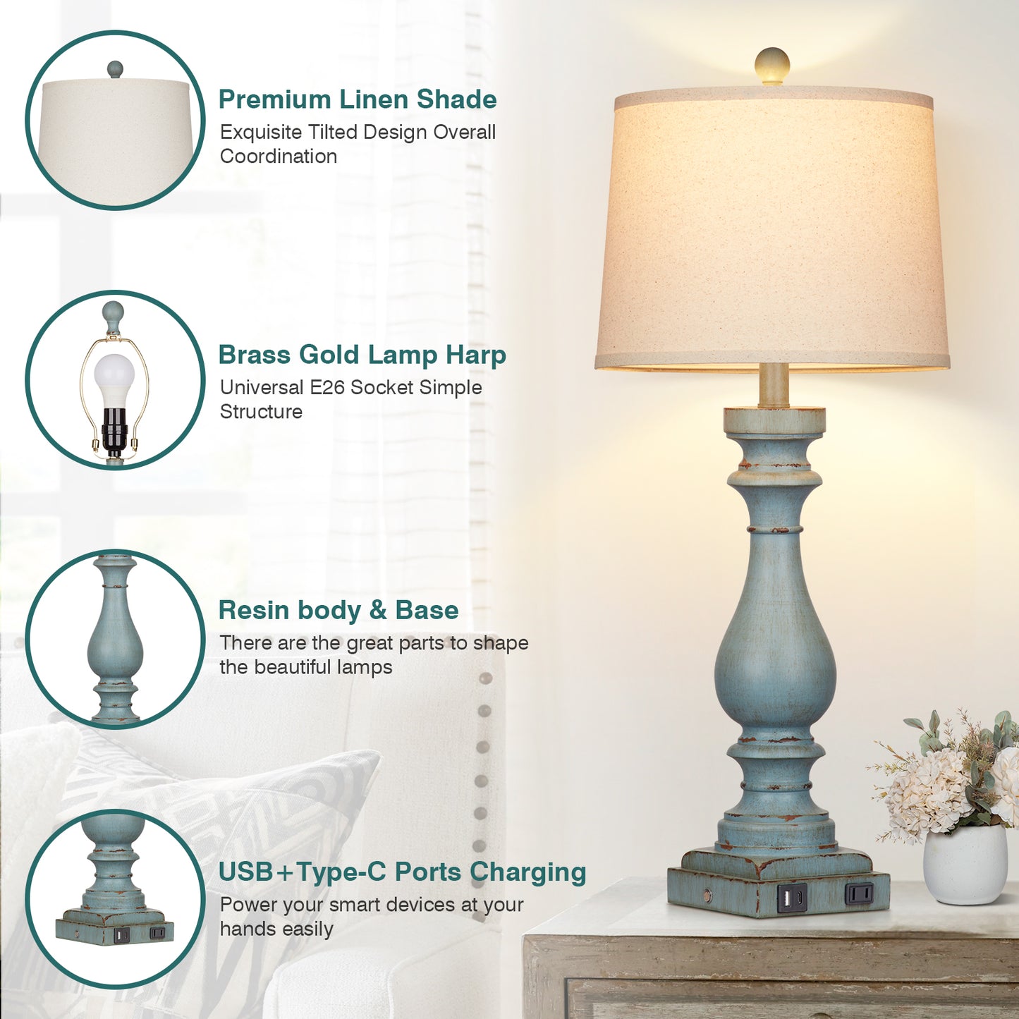 Blue Resin Drop Style Table Lamp with Tilted Shade, featuring 3-Way Dimming Touch Switch, USB Type C Charging Ports and AC Outlet, and No Strobe (Set of 2)