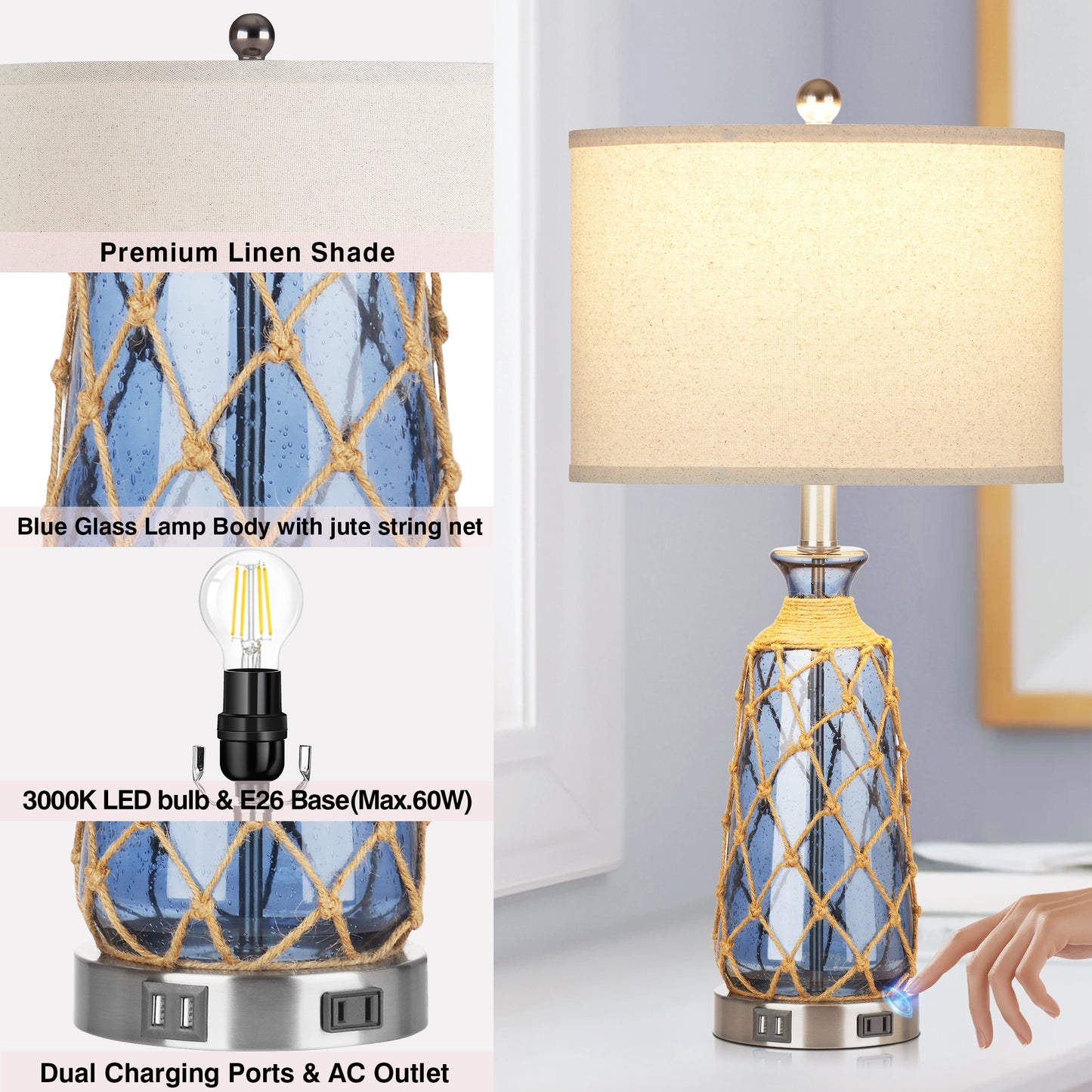 Deep Blue Bubble Glass Table Lamp with Dual USB Charging Ports, AC Outlet, Touch 3-Way Dimming Switch and No Strobe (Set of 2))