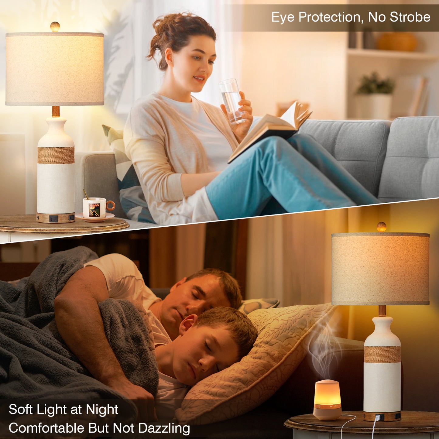 White resin table lamp Touch dimming switch USB & Type-C ports AC outlet No strobe (Set of 2)