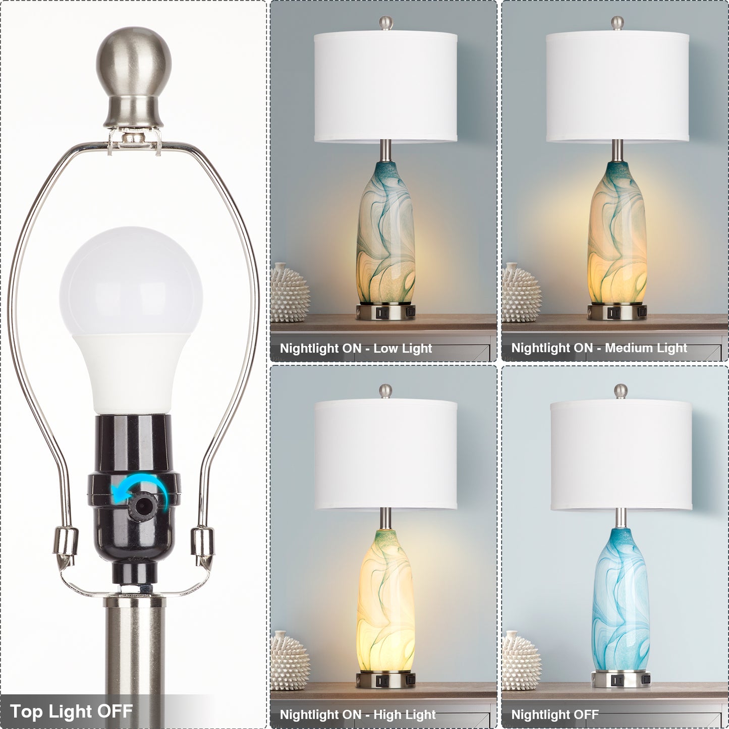 2-in-1 table lamp with nightlight. Blue glass lamp body. Charging ports & AC outlet. Drum shade. Touch switch (Set of 2)