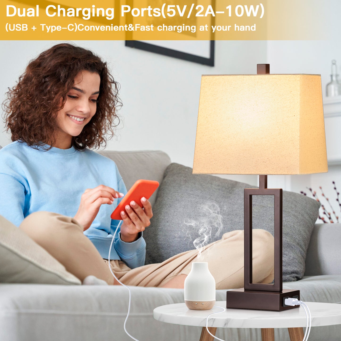 Black Matte Metal Table Lamp with Beige Shade, Equipped with USB Type-C Charging Ports and AC Outlet (Set of 2)